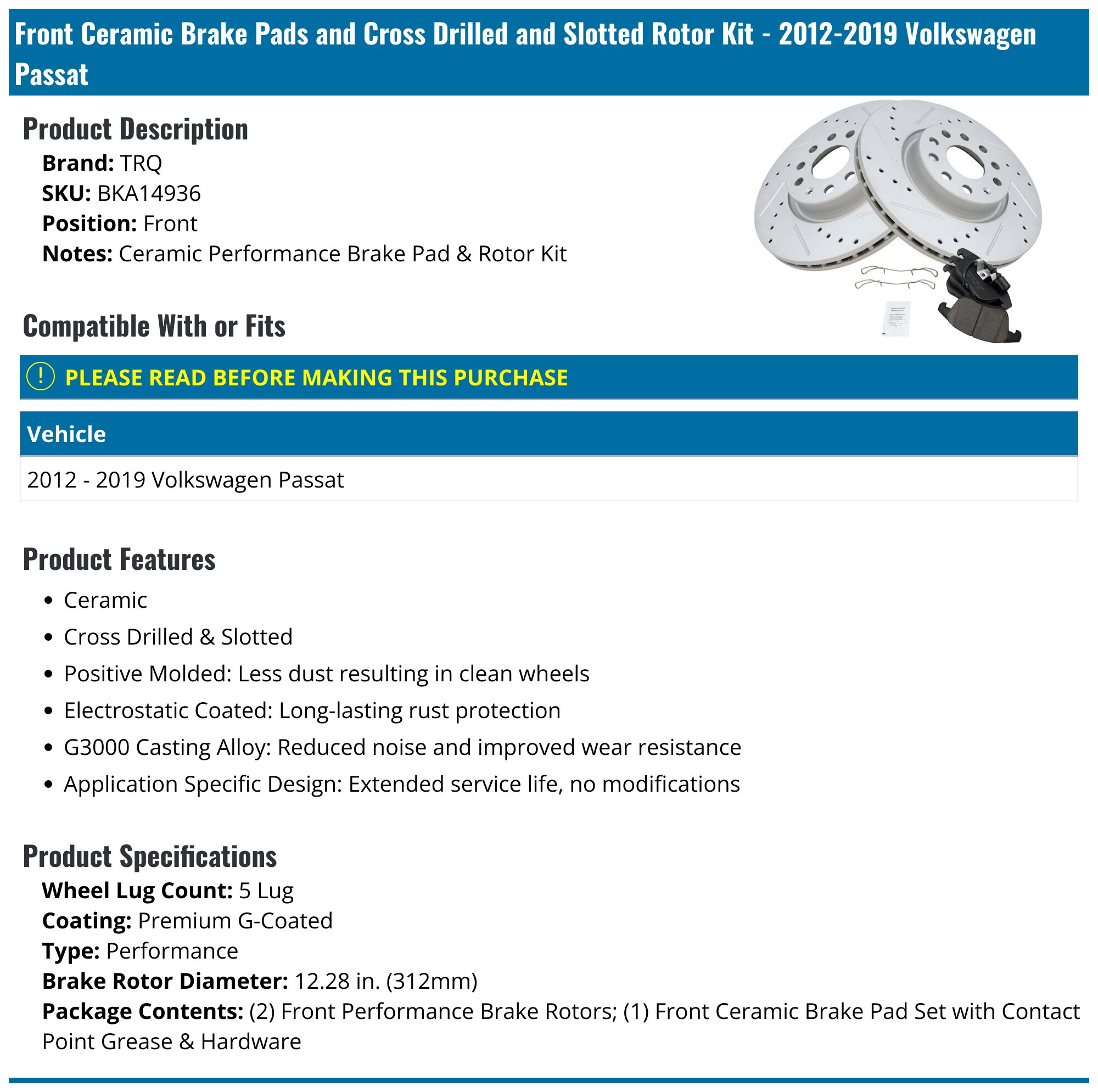 Complete Front & Rear Ceramic Brake Pad And Rotor Kit For VW Passat (2012-2014) – G-Coated Performance
