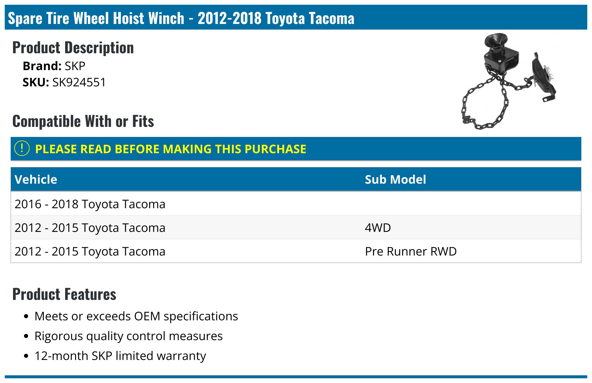 Spare Tire Hoist For 2012-2018 Toyota Tacoma | SKP 17793JB | 2013 2014 2015 2016 2017 - View #3