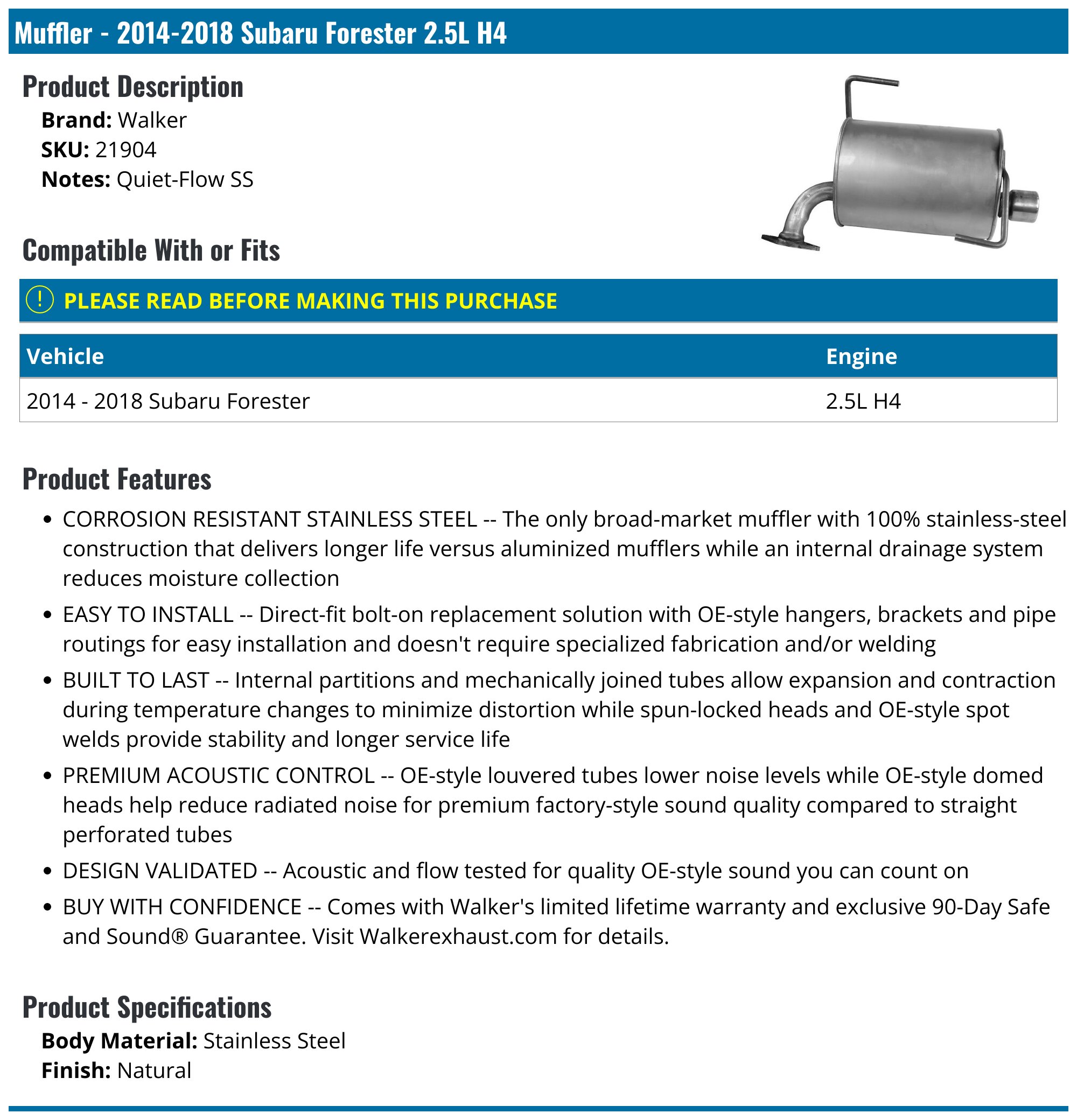 API Replacement Muffler For 2014-2019 Subaru Forester - Rear Exhaust Assembly 36941KQ