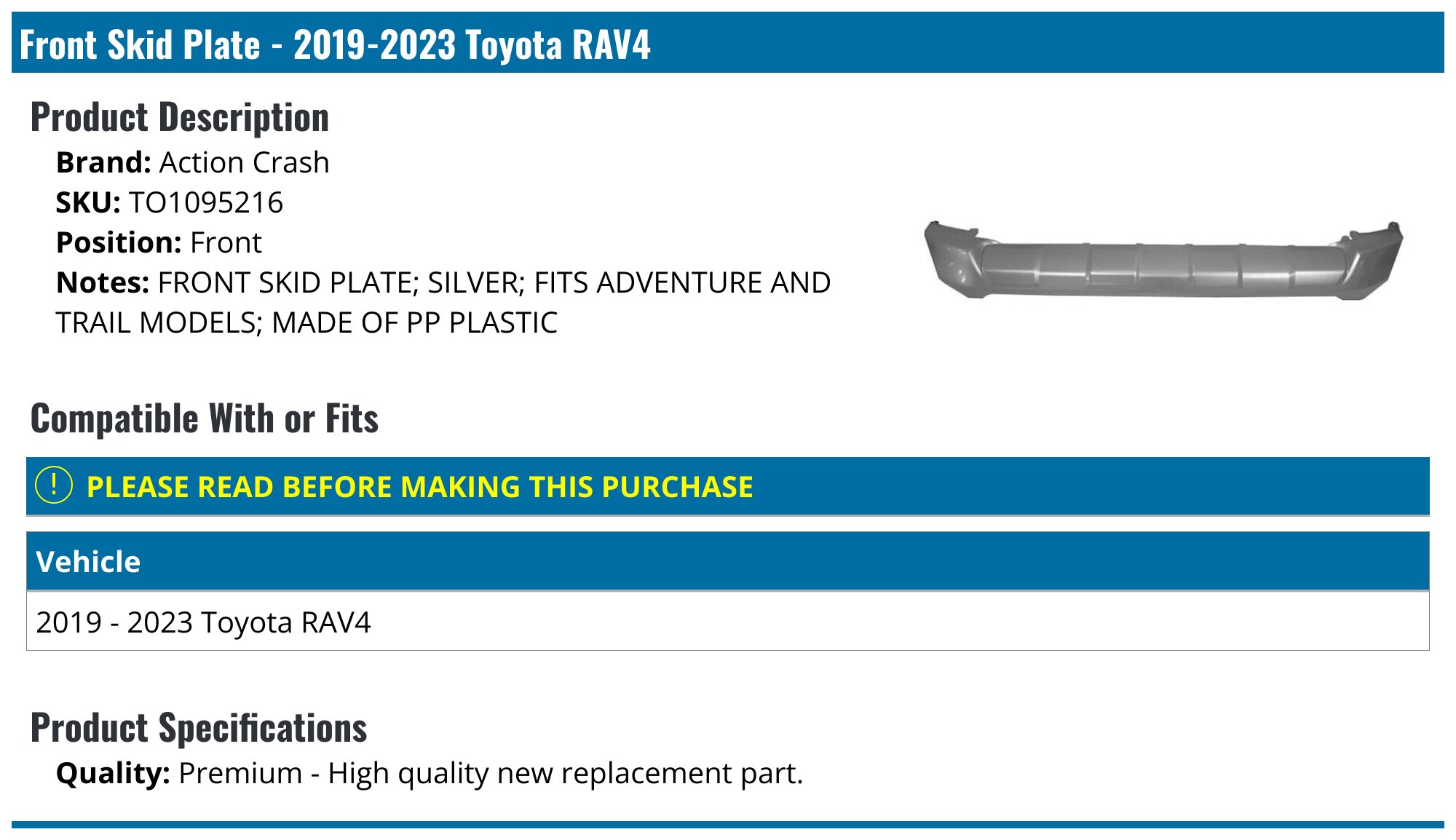 Front Bumper Lower Valance Panel For 2019-2023 Toyota RAV4 – Silver, Direct Fit By 2014mmotor