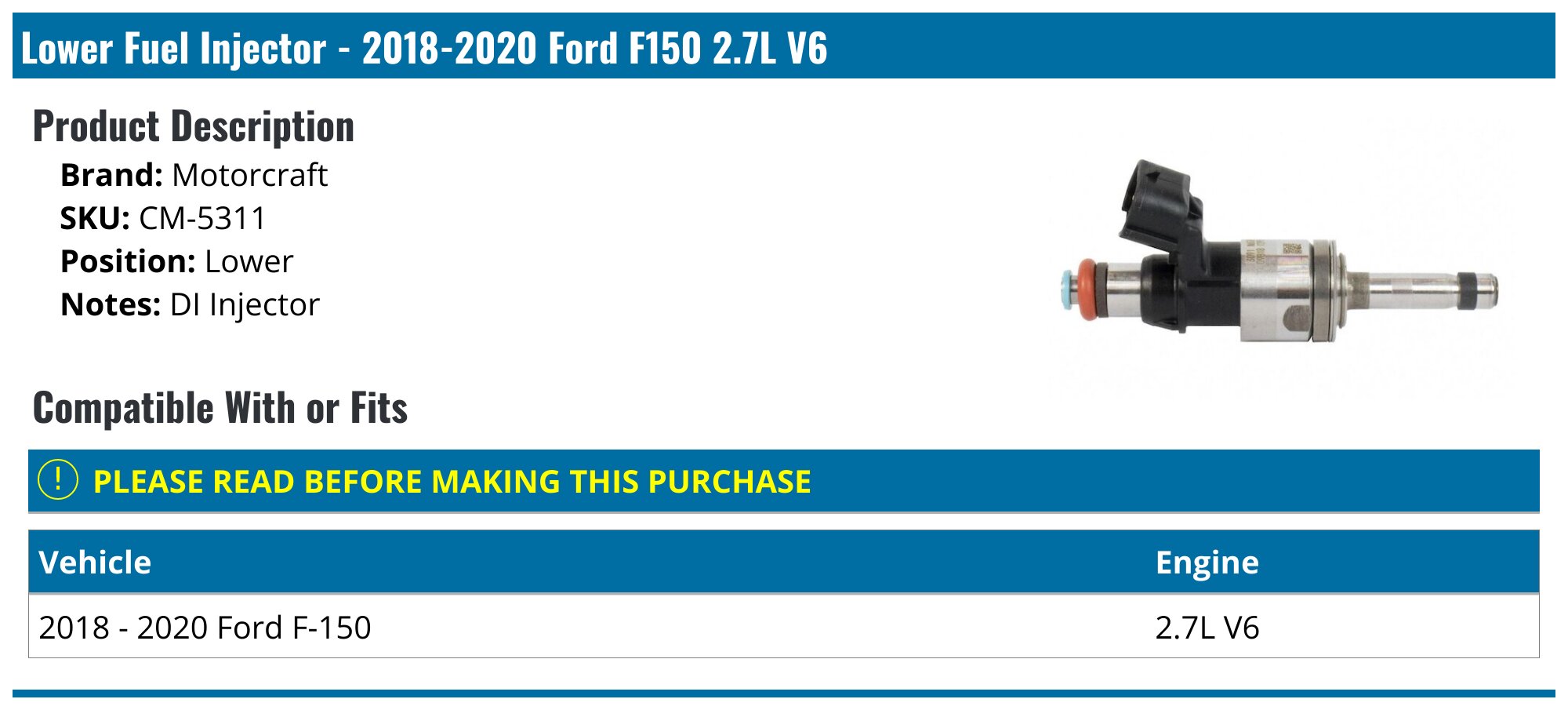 2018-2020 Ford F150 Fuel Injector - Motorcraft CM-5311 - Lower ...
