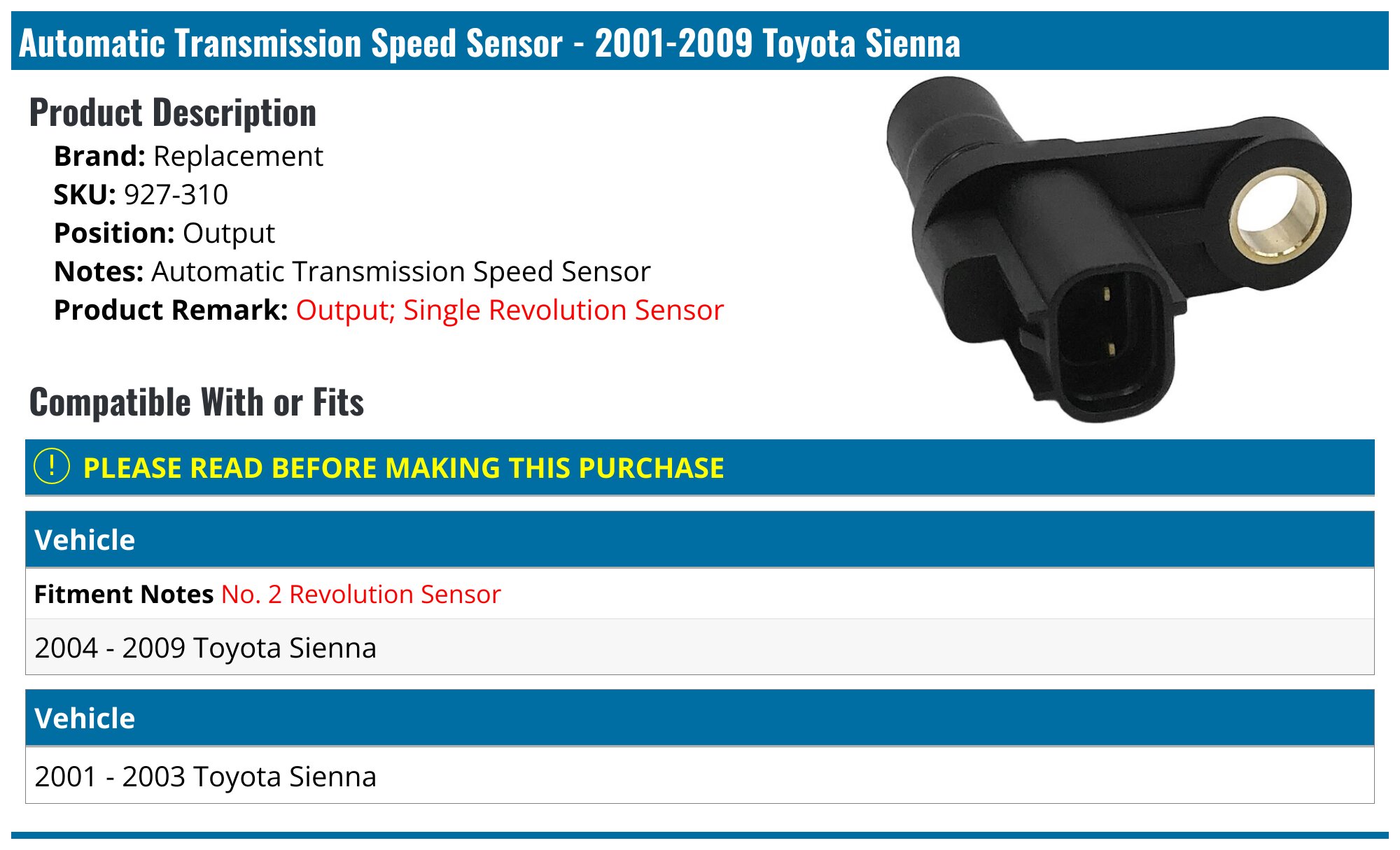 Output Vehicle Speed Sensor VSS For Toyota Sienna 3.0L 2001-03 / 3.5L 2010 - 89413-48010