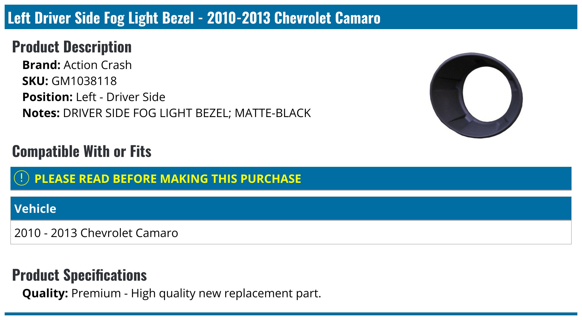Chevrolet Camaro Fog Light Bezel - Front Fog Light Cover - Action Crash ...