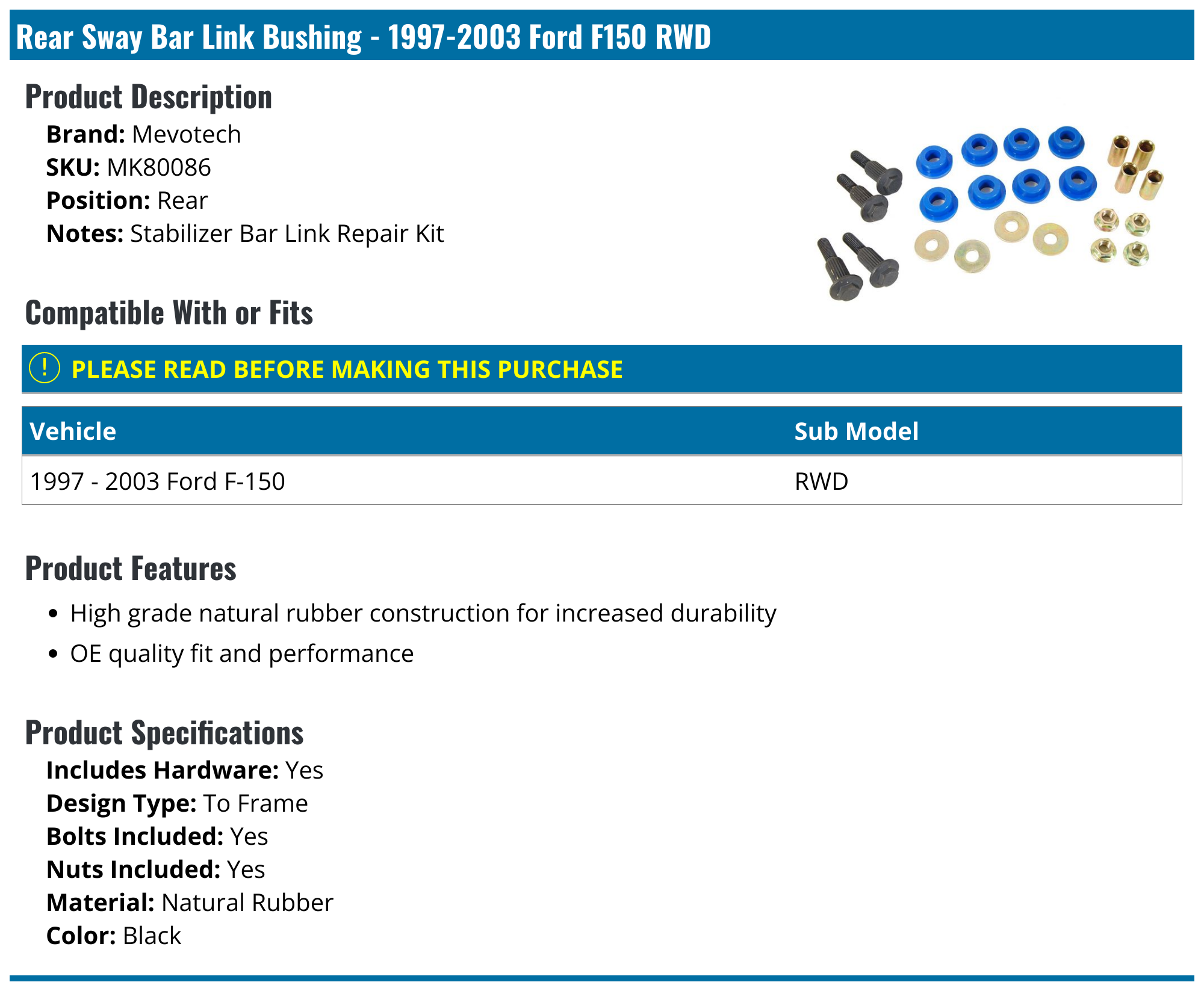 19972003 Ford F150 Sway Bar Bushing Mevotech MK80086 Rear