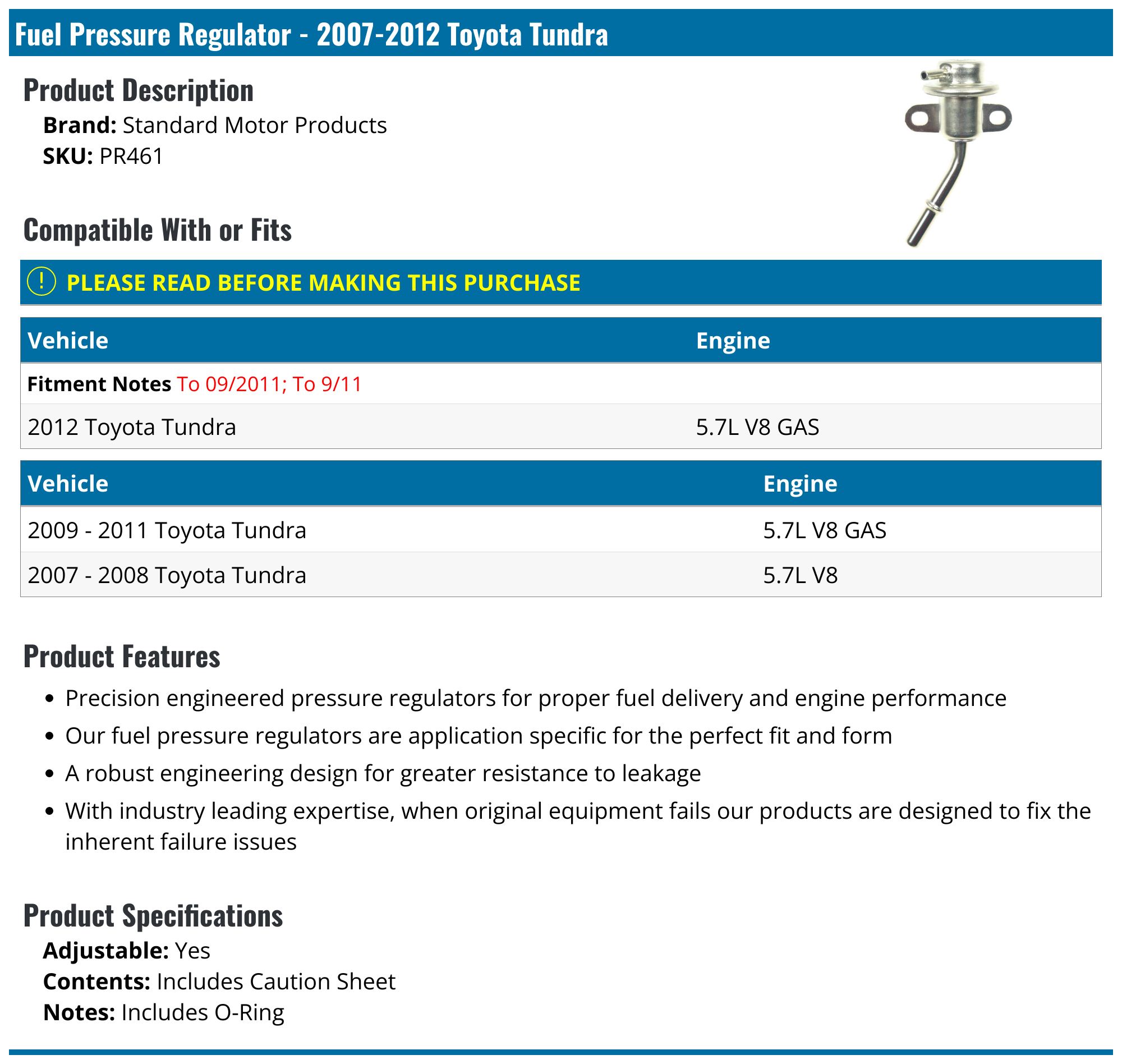 20072012 Toyota Tundra Fuel Pressure Regulator Standard Motor Products PR461