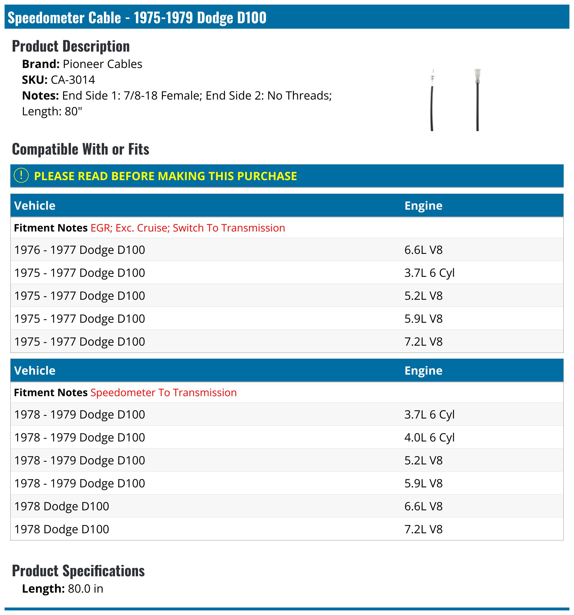 19751979 Dodge D100 Speedometer Cable Pioneer Cables CA3014