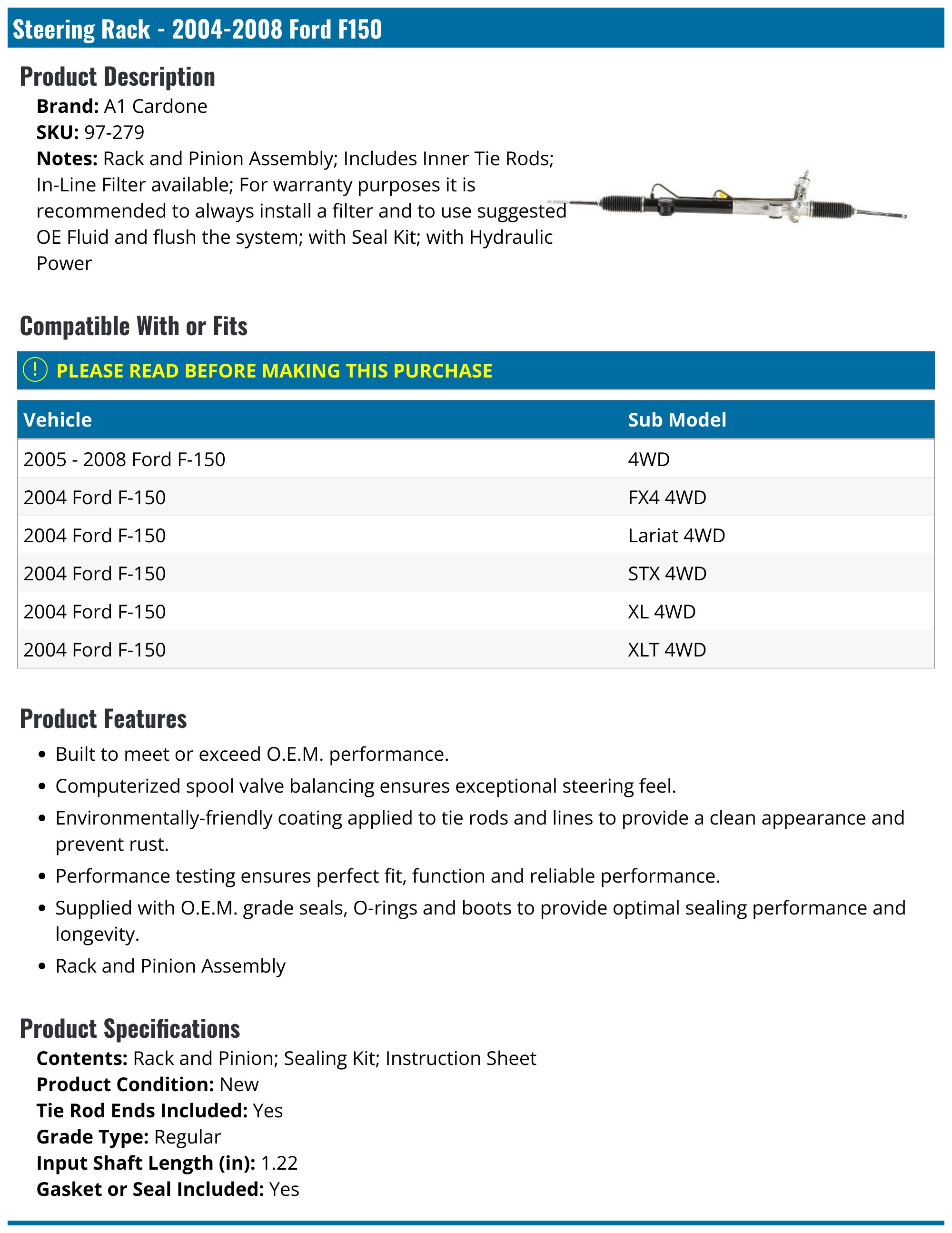 20042008 Ford F150 Steering Rack A1 Cardone 97279