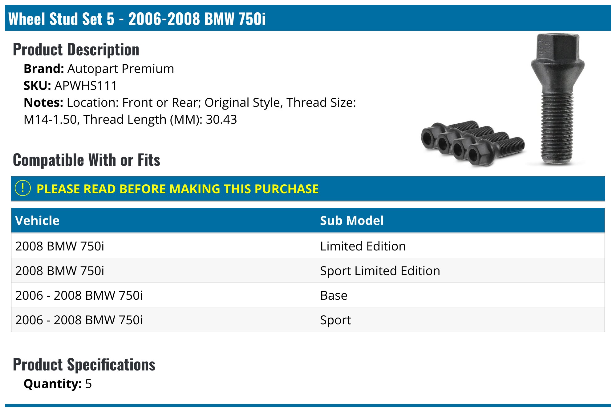 2006-2008 BMW 750i Lug Bolt - Autopart Premium APWHS111 - PartsGeek.com