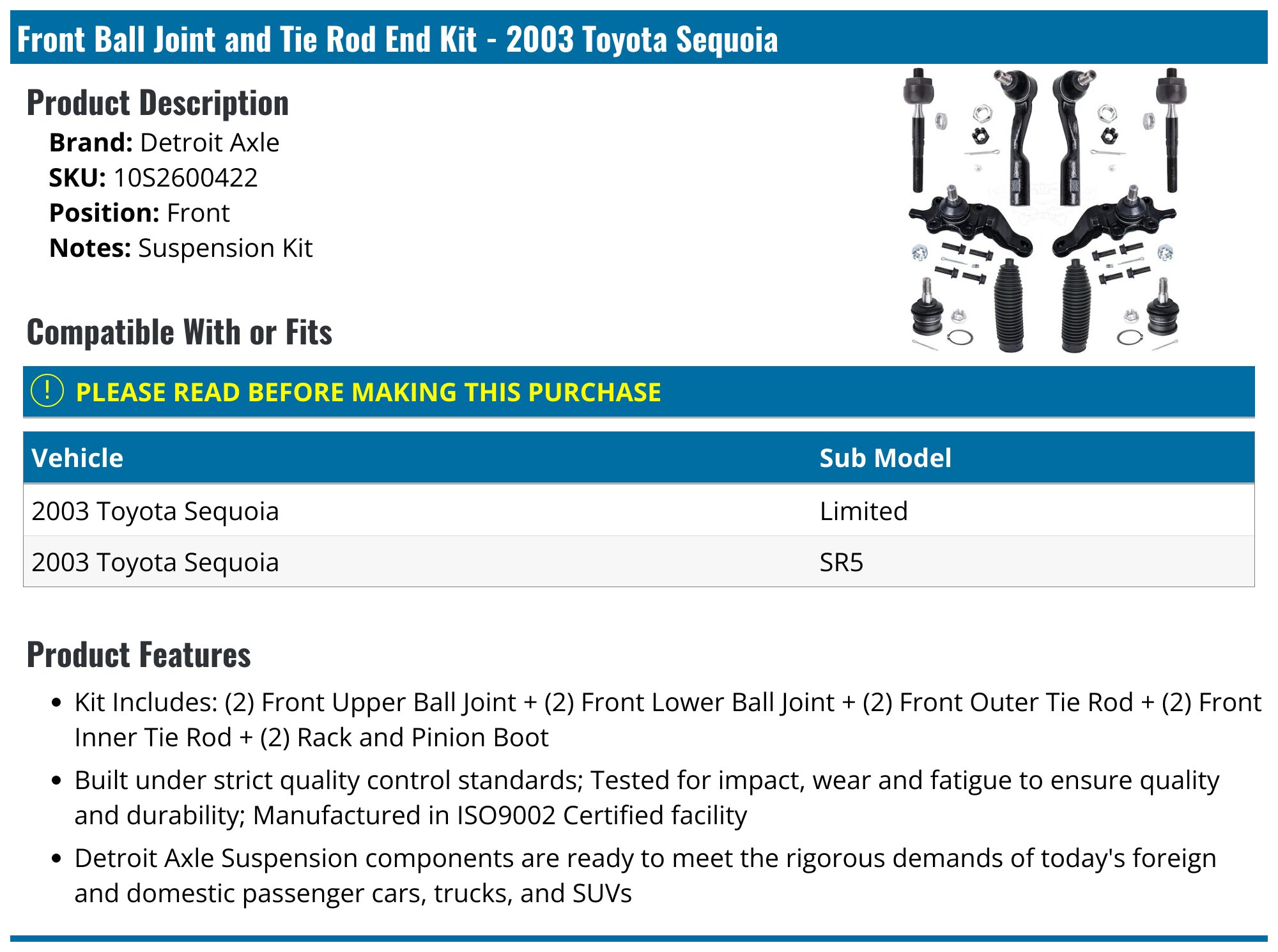 Aazon.co: Detroit Axle - Front Lower Ball Joints + Inner &ap; Outer Tie Rod Ends Boots