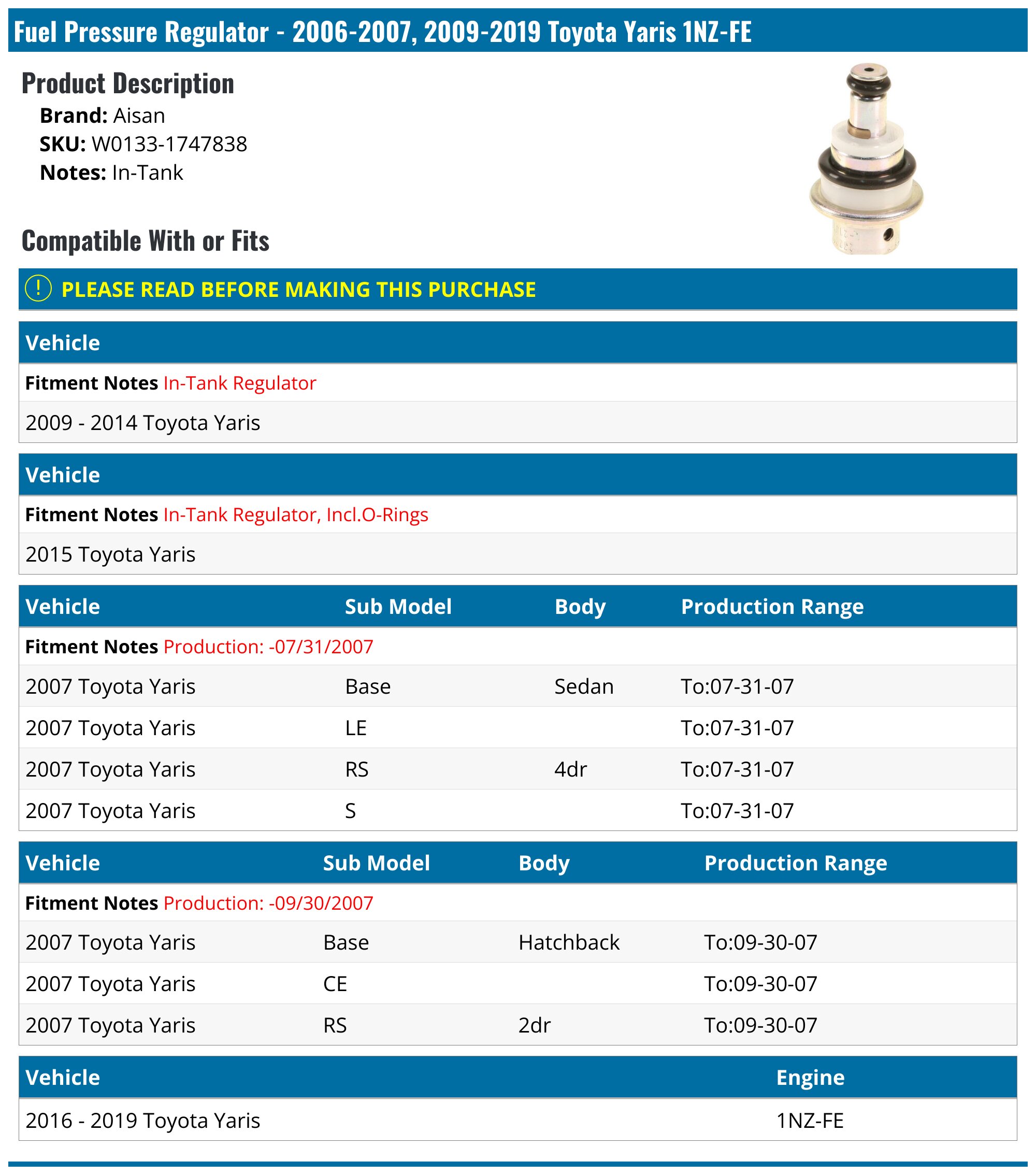 20062007, 20092019 Toyota Yaris Fuel Pressure Regulator Aisan W01331747838