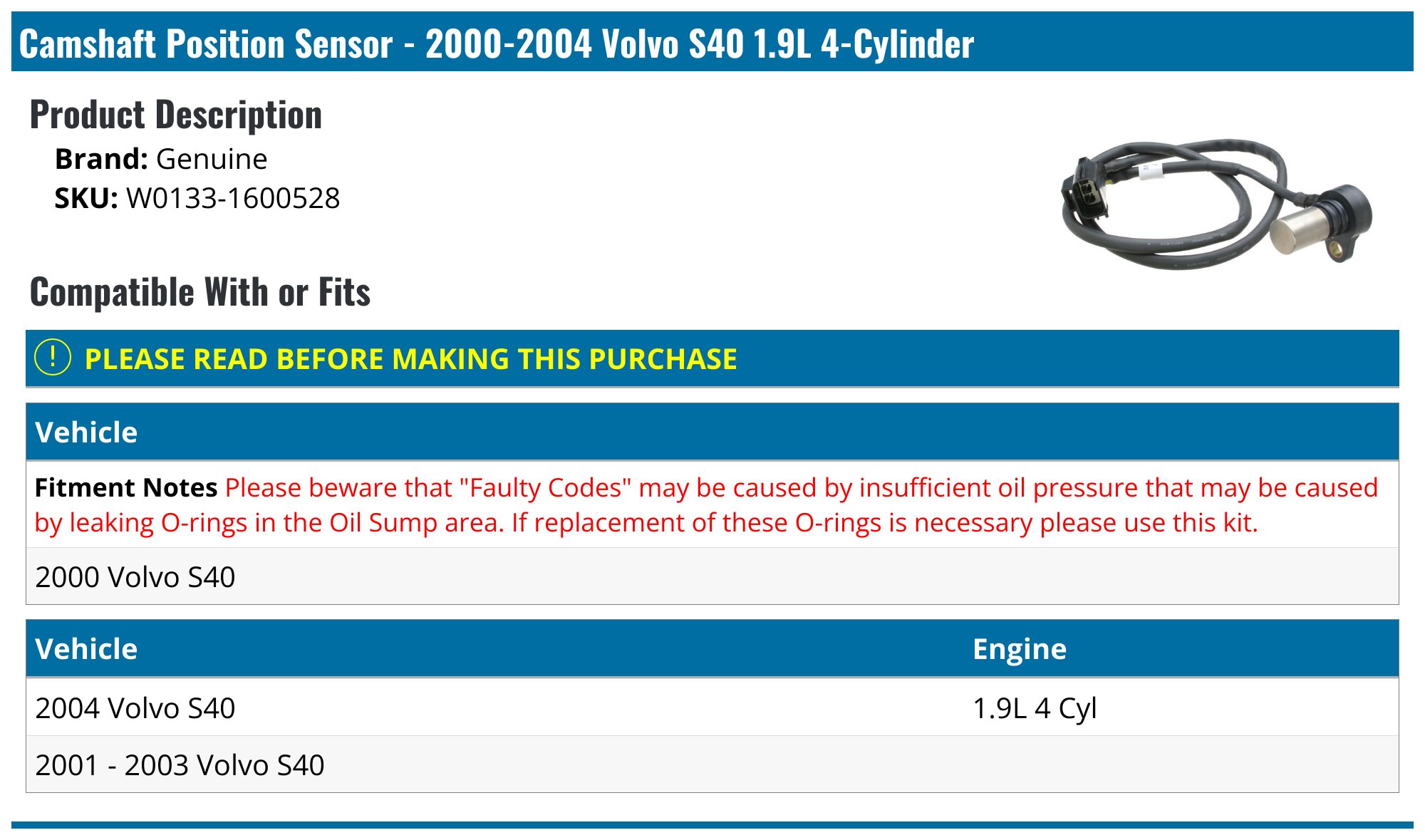 2004 Volvo V40 Camshaft Position Sensor