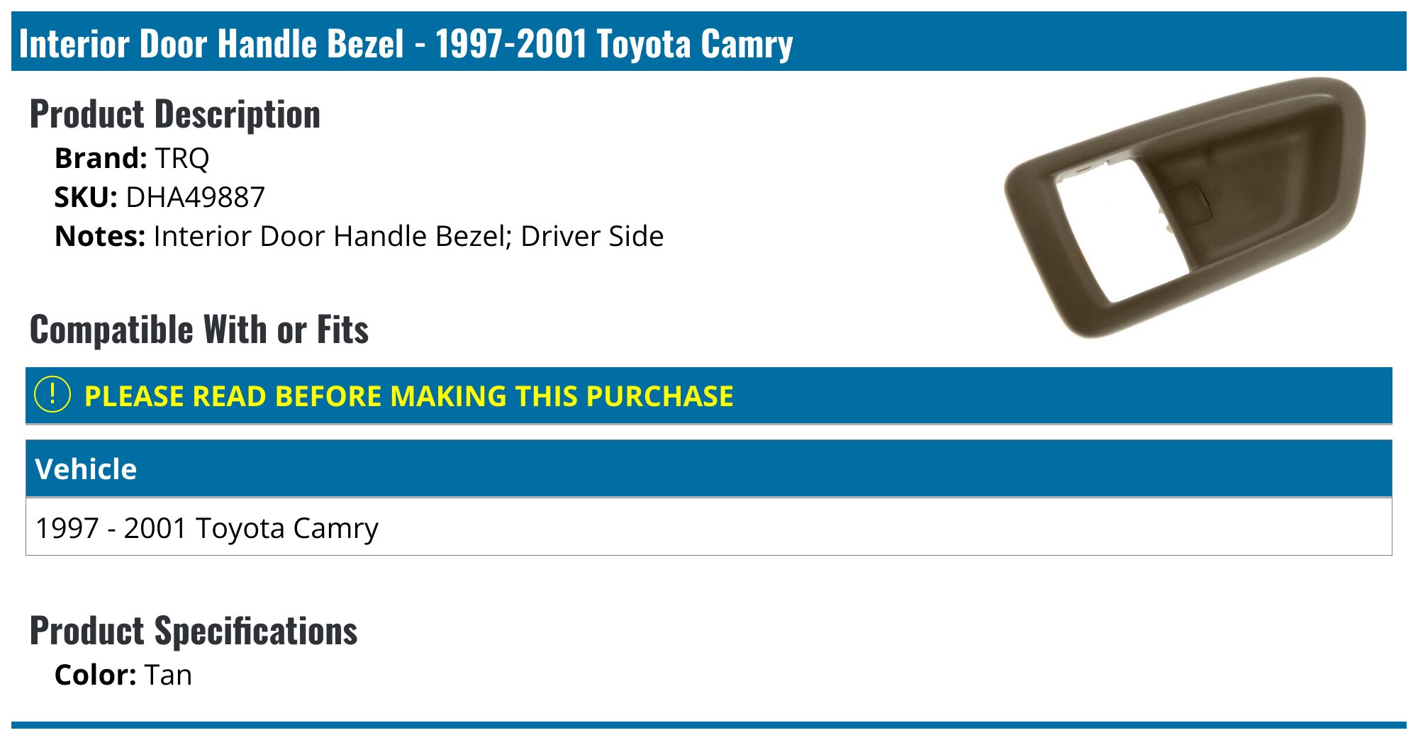 Tan Interior Door Handle Bezel For 1997-2001 Toyota Camry | Passenger Side, Beige