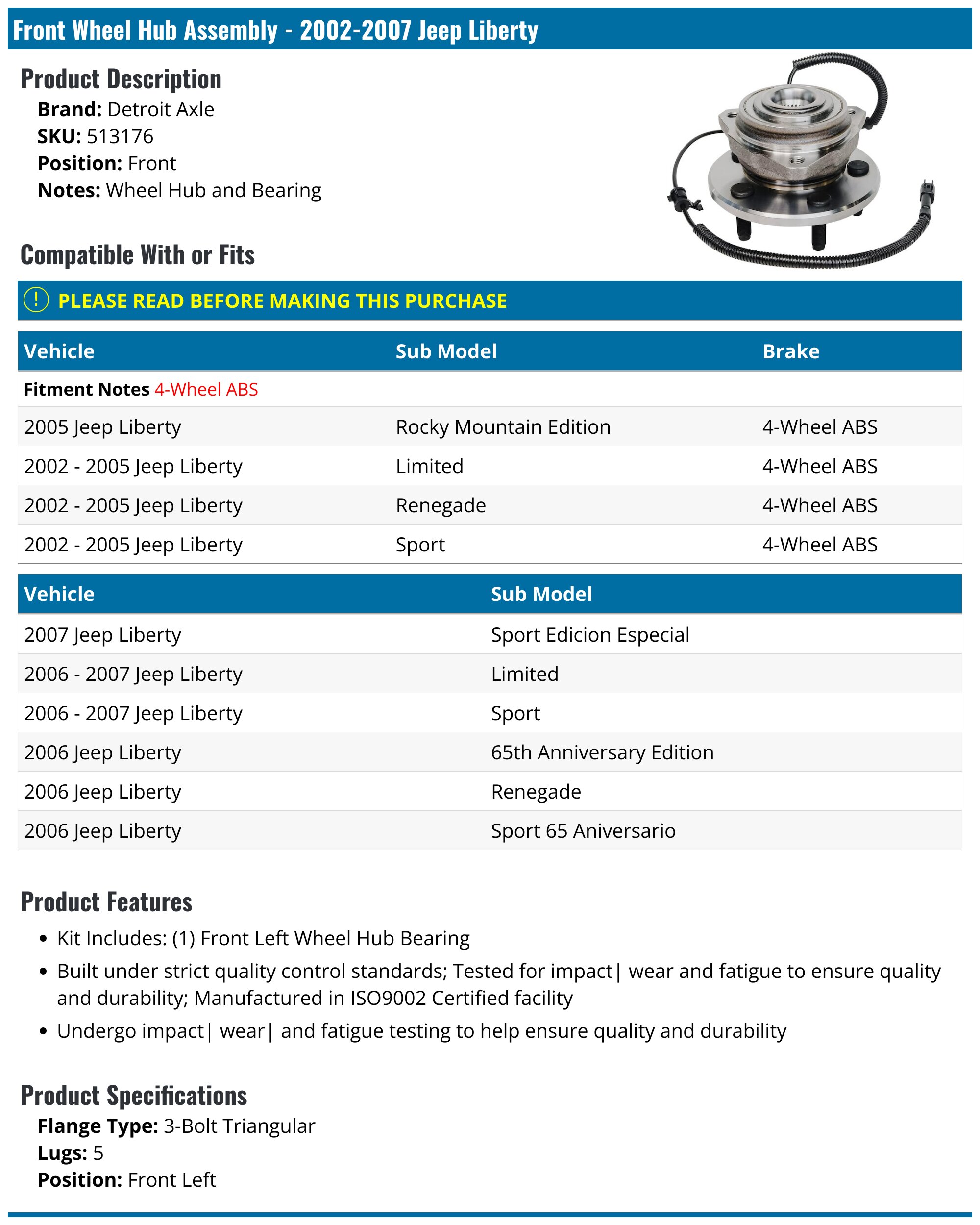 20022007 Jeep Liberty Wheel Hub Assembly Detroit Axle 513176 Front