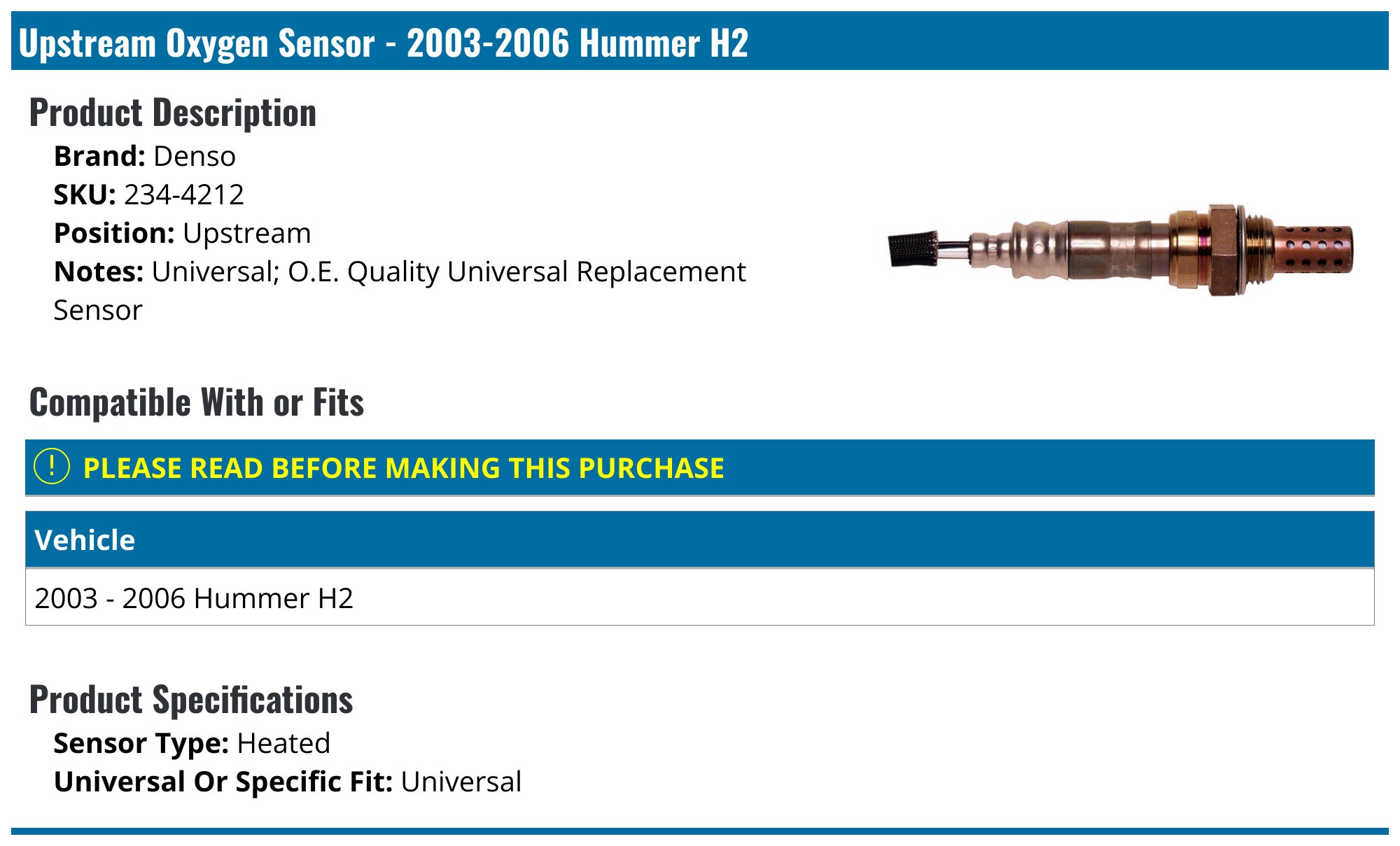 Hummingbird O2 Sensor 2003-2006 Hummer H2 Oxygen Sensor - Denso 234-4212 - Upstream ...