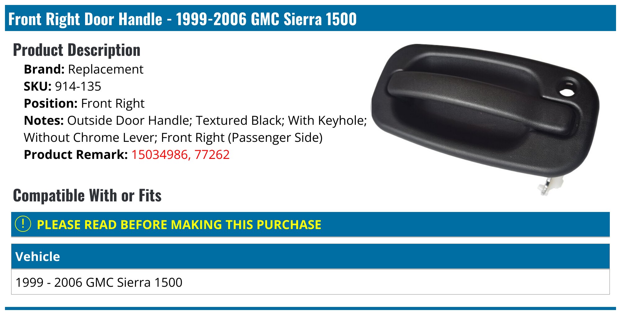 Poignée De Porte Extérieure Arrière Gauche & Droite Pour Chevrolet Silverado / GMC Sierra 1999-2007 - Paire Noire