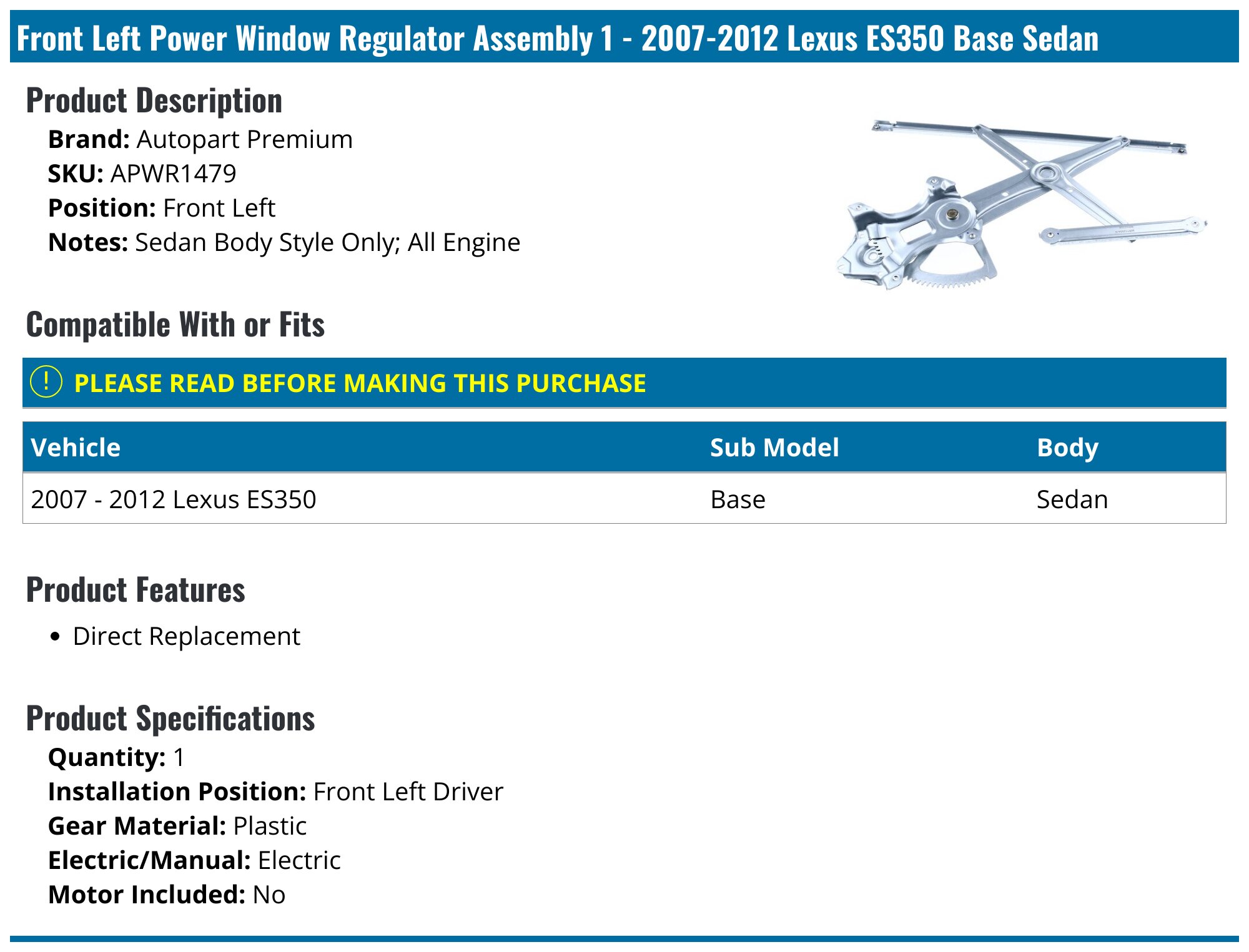 Front Left Power Window Regulator With Motor For Lexus ES350 2007-2012 – Driver Side