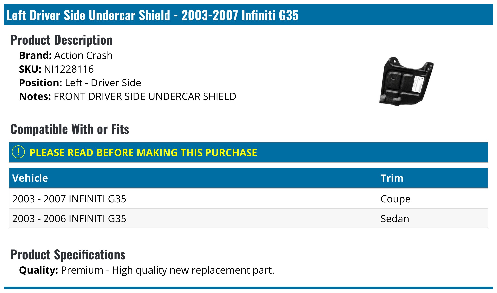 Replacement Front Driver Side Front Section Fender Liner Sedan fits