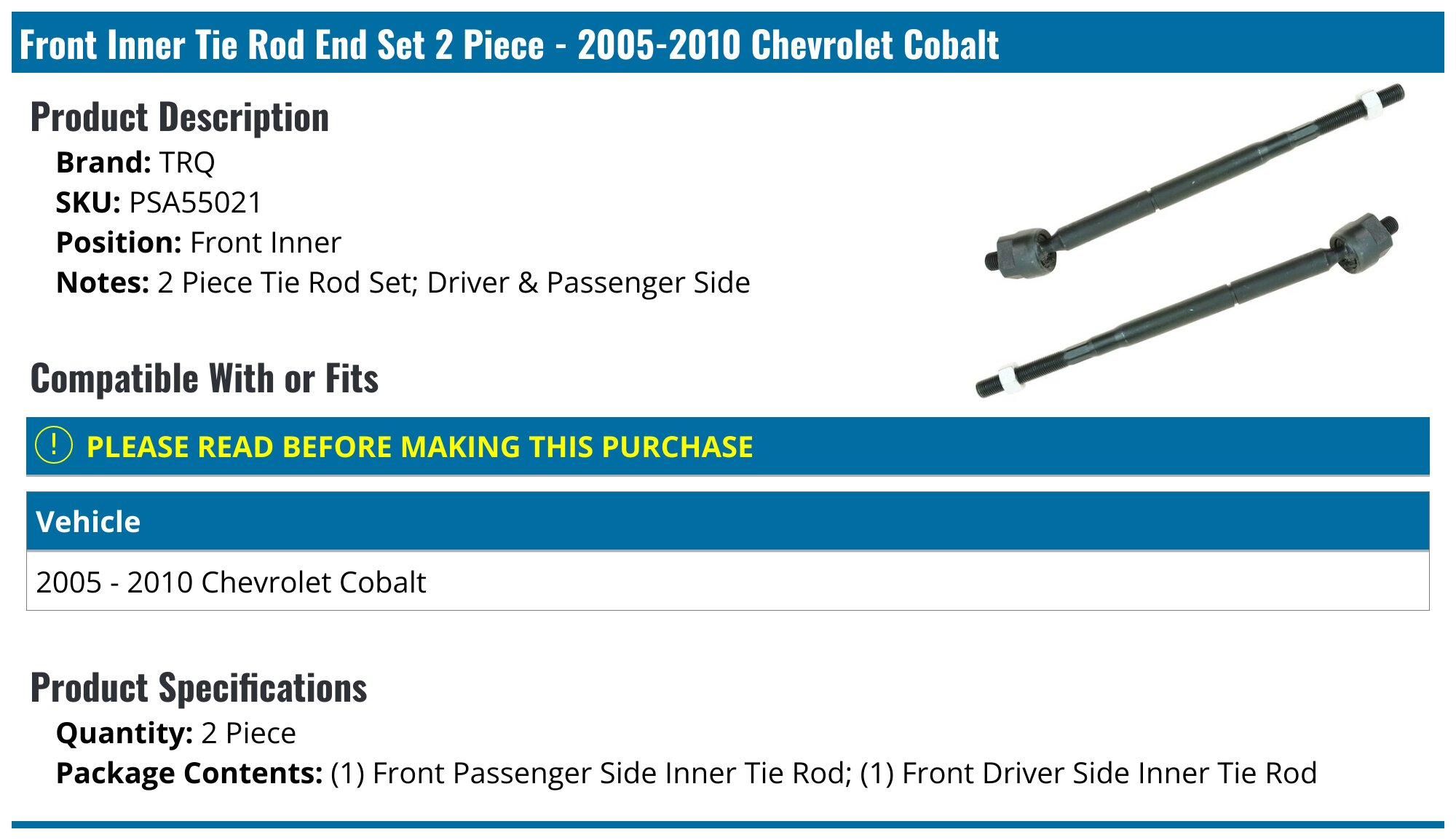 Front End Suspension Kit For Chevy Cobalt – Inner/Outer Tie Rods & Sway Bar Links