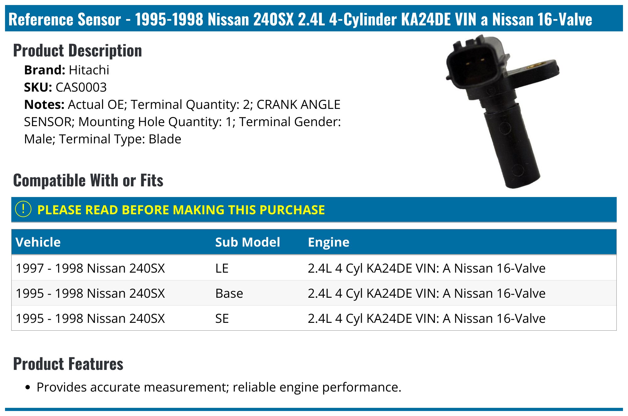 1995-1998 Nissan 240SX Crank Position Sensor - Hitachi CAS0003