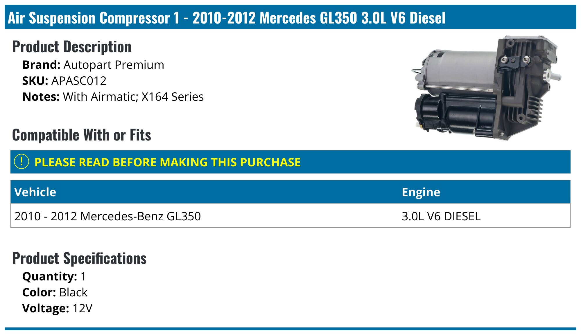 Bilstein B1 OE Replacement Air Suspension Compressor for 2010-2012 Mercedes-Benz GL350 main image 0