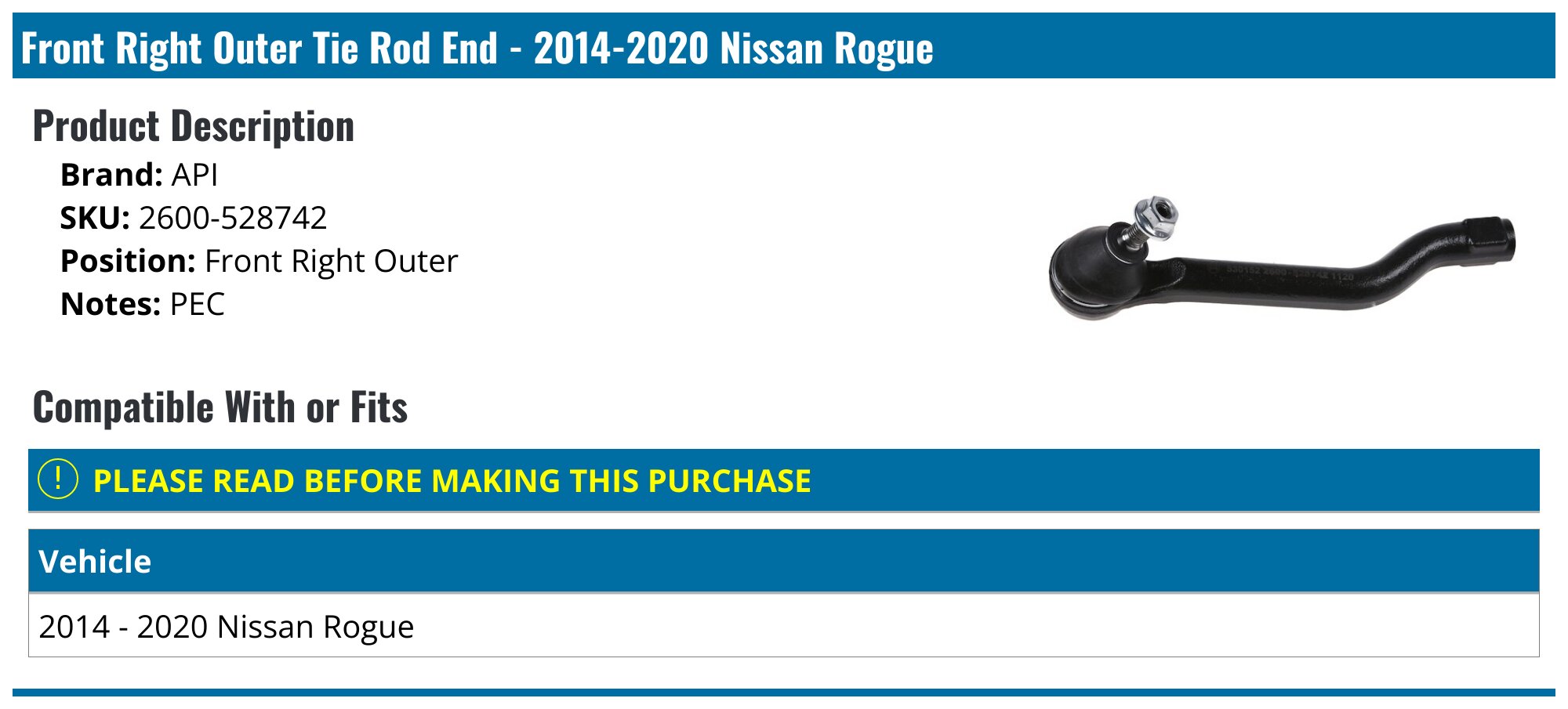 2x Front Inner Tie Rod Ends For Nissan Rogue (2017-2020) & Rogue Sport (2017-2022)