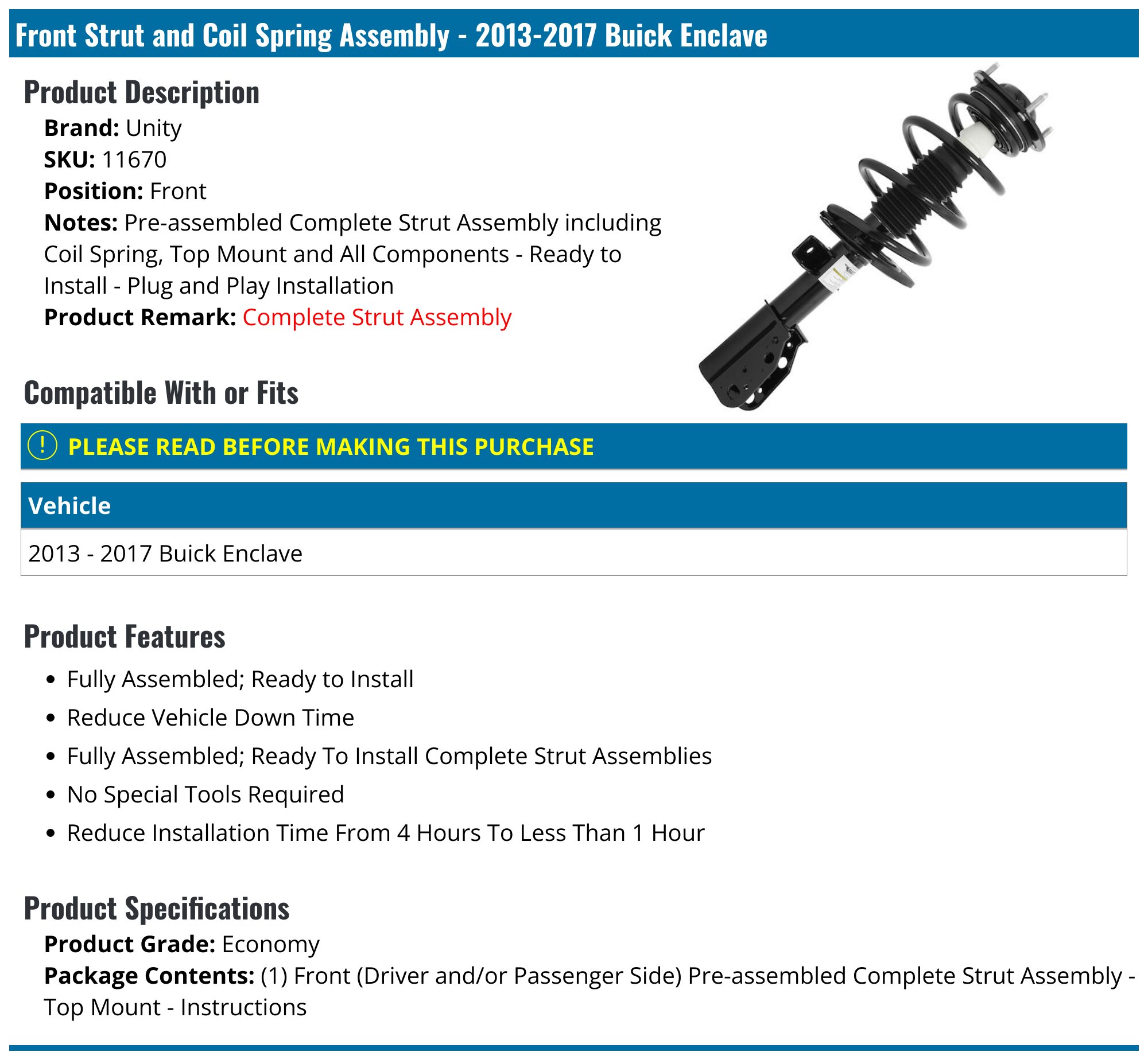 2013-2017 Buick Enclave Strut Assembly - Unity 11670 - Front ...