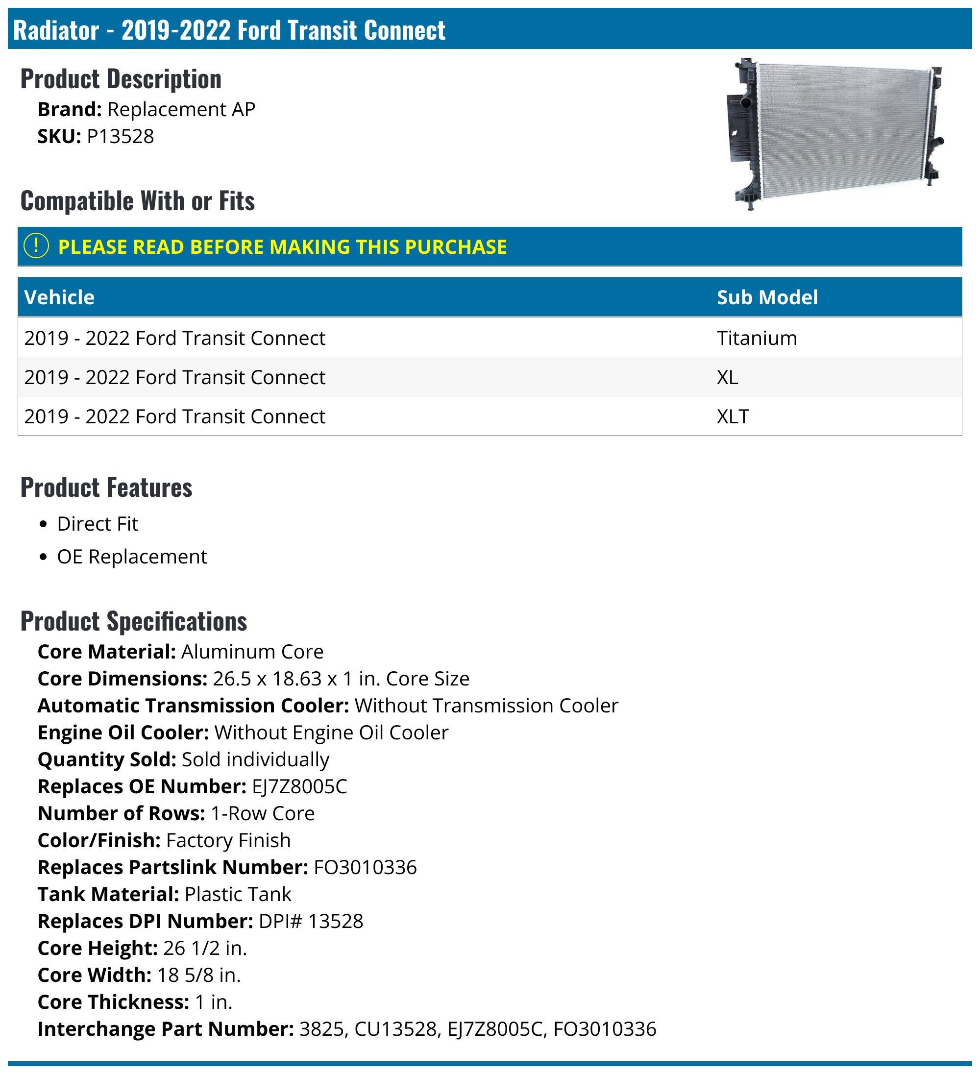 Complete Engines For Ford Transit Connect Aluminum Radiator For 2010-2013 Ford Transit Connect 2.0L - 1-Row Core Replacement Part 9T1Z8005B Radiators & Parts For Ford Transit Connect