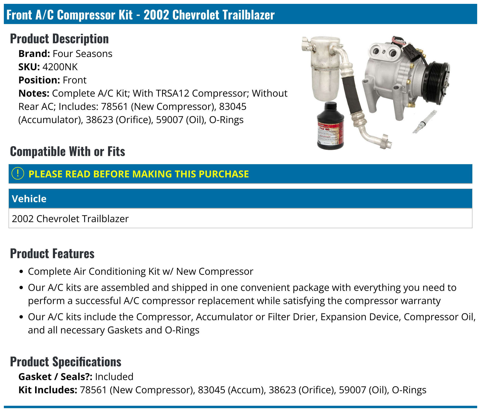 2002 Chevrolet Trailblazer A/C Compressor - Four Seasons 4200NK - Front ...