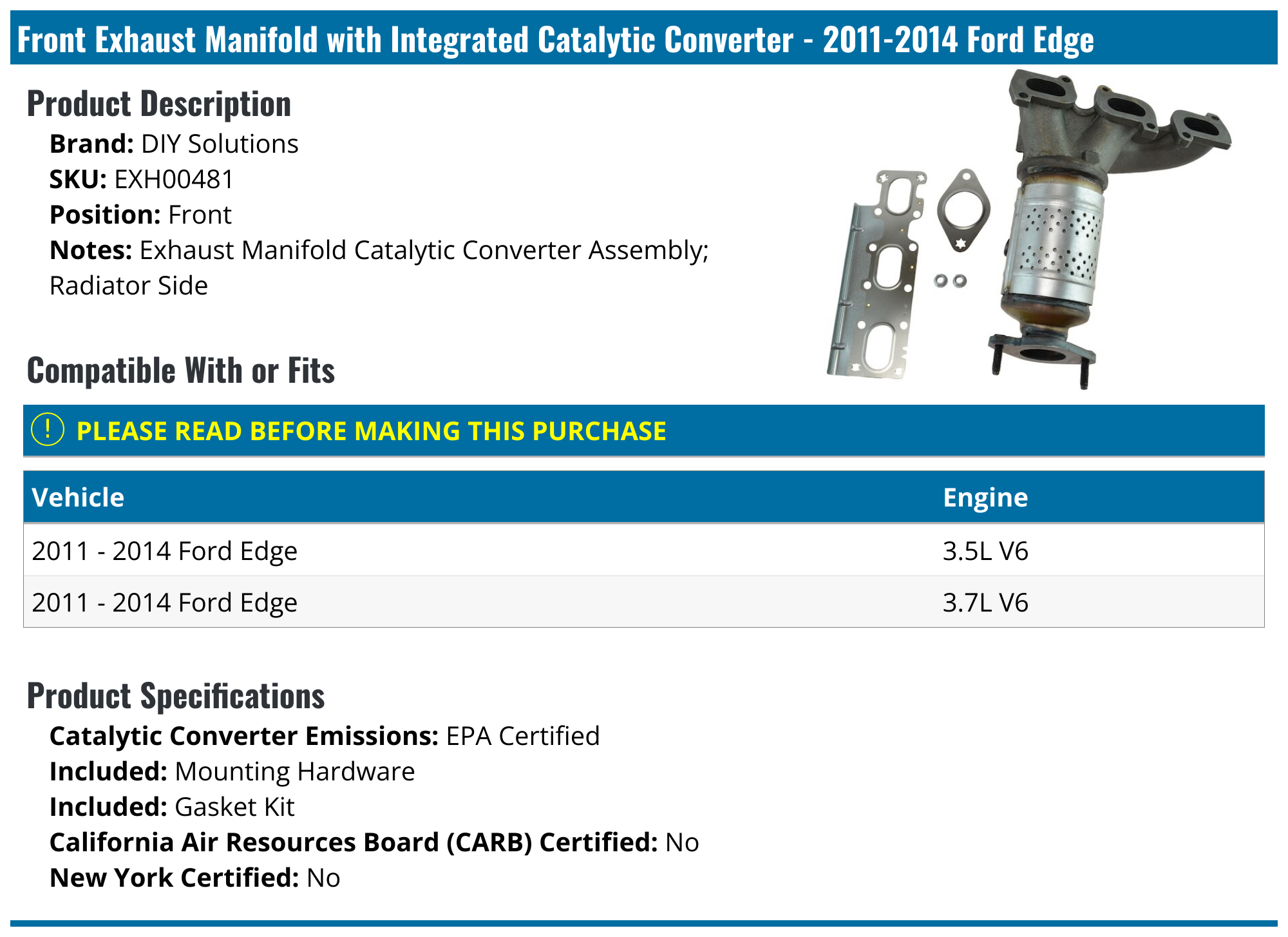 20112014 Ford Edge Catalytic Converter DIY Solutions EXH00481