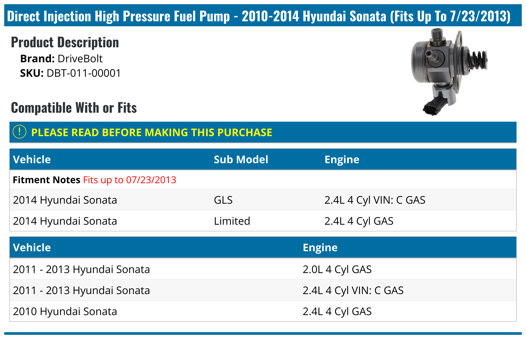 20102014 Hyundai Sonata Fuel Pump DriveBolt DBT01100001