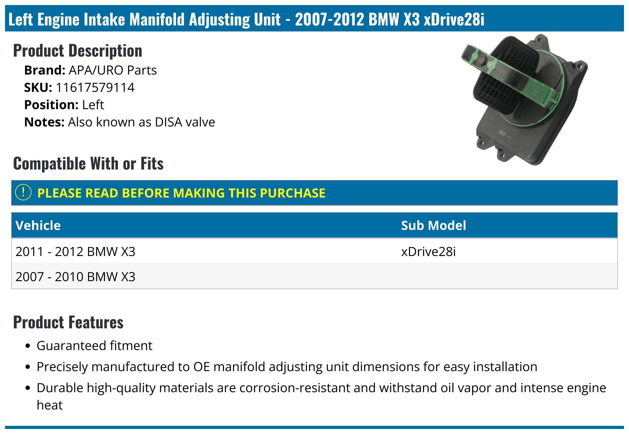 20072012 BMW X3 Engine Intake Manifold Adjusting Unit APA/URO Parts