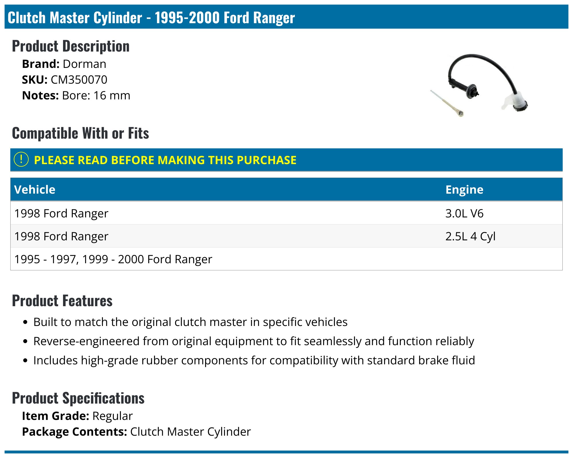 19952000 Ford Ranger Clutch Master Cylinder Dorman CM350070