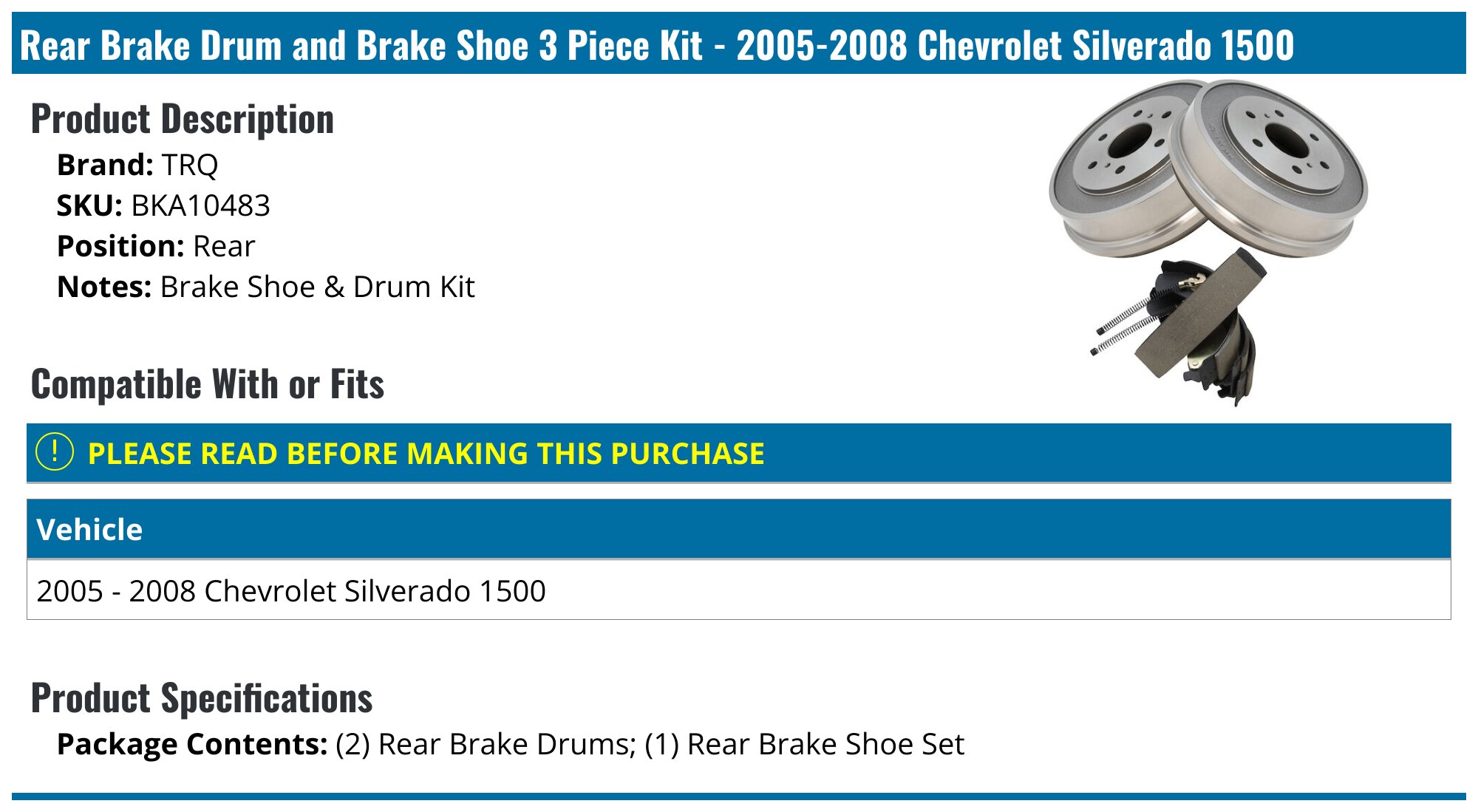TRQ Rear Brake Drums & Shoes Kit For Buick Chevy Oldsmobile Pontiac - BKA14130