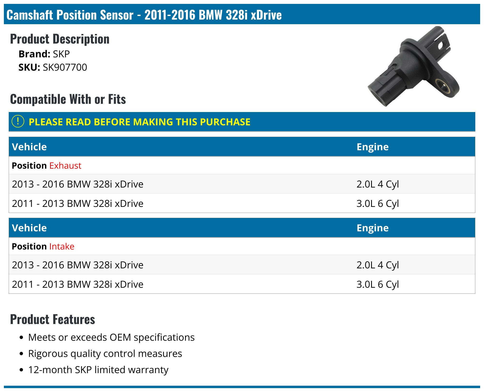 2011-2016 BMW 328i xDrive Camshaft Position Sensor - SKP SK907700 ...