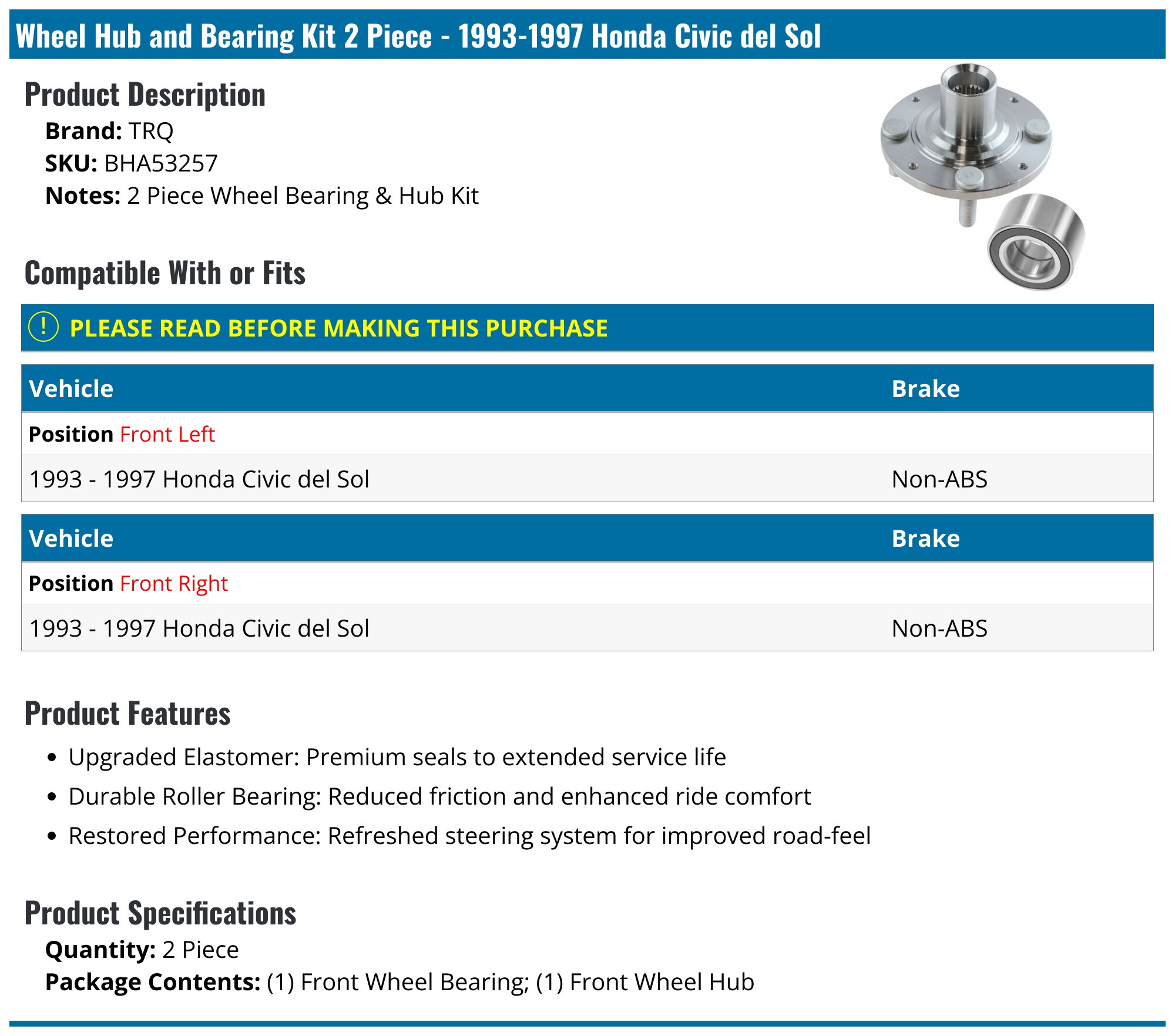 2-Pack Front Wheel Hub & Bearing Repair Kit For 1997-2001 Honda Prelude (930-027K)