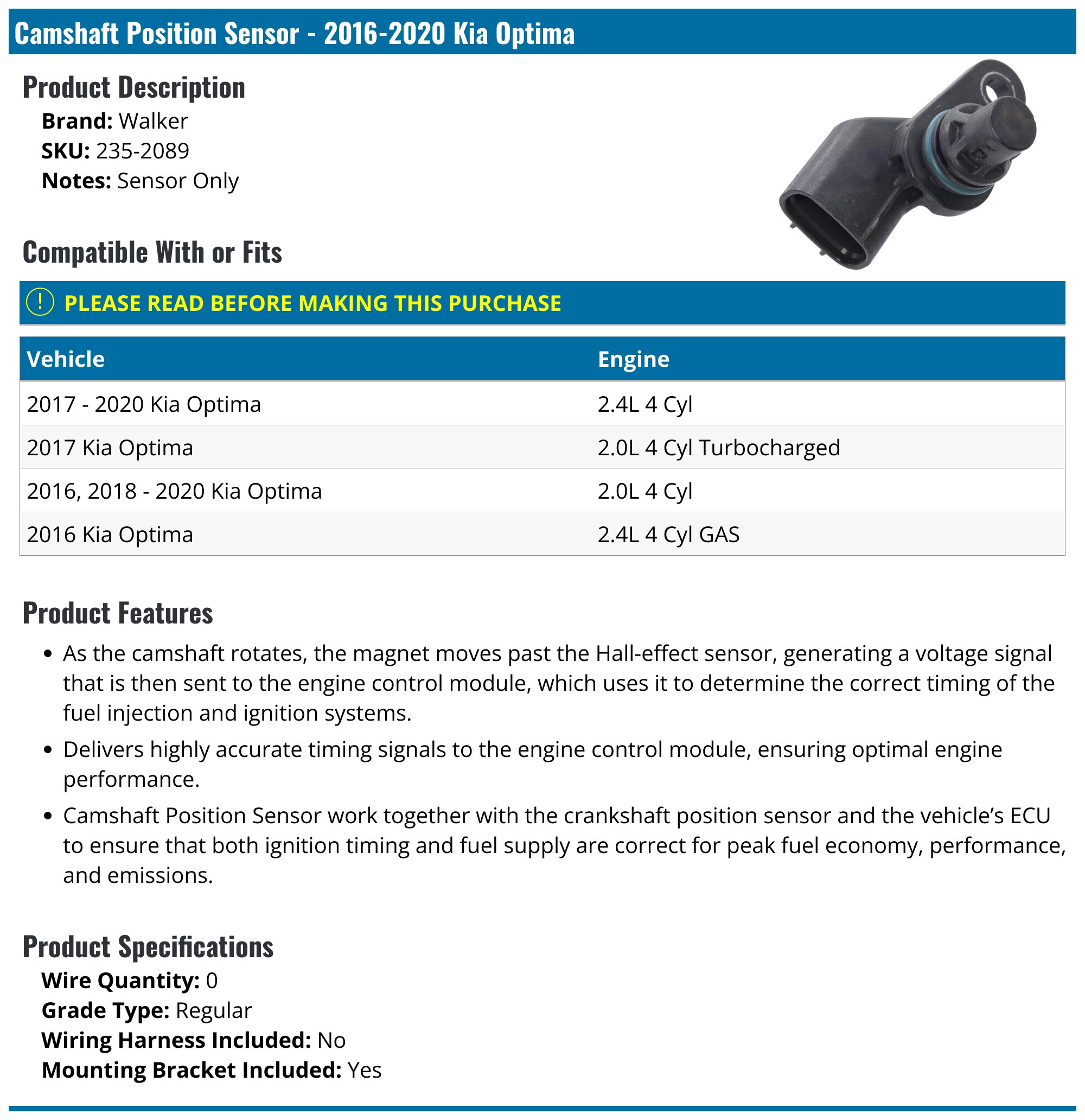 Capteur De Position D'arbre à Cames (VVT) Pour Kia Optima Sorento 2016-2020 2.0L 2.4L - Neuf