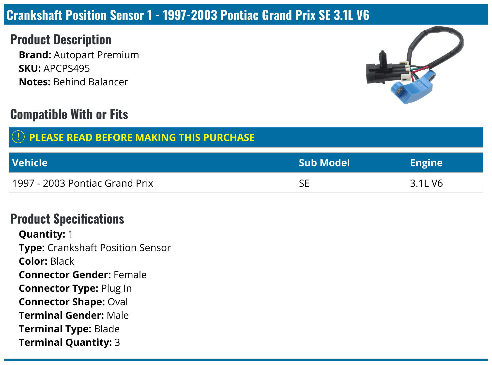 19972003 Pontiac Grand Prix Crankshaft Position Sensor Autopart