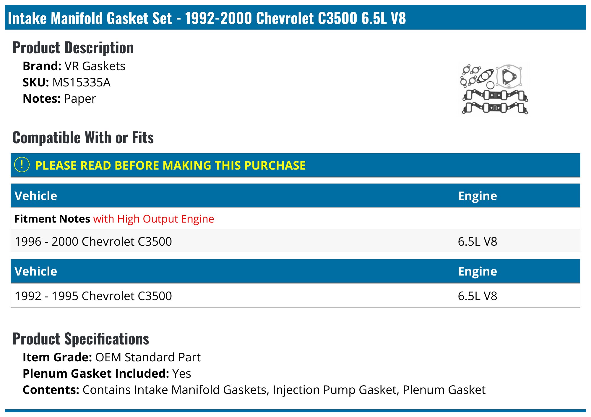 Victor Reinz MS15335A Intake Manifold Gasket Set – MAHLE OEM Quality Sealing Kit