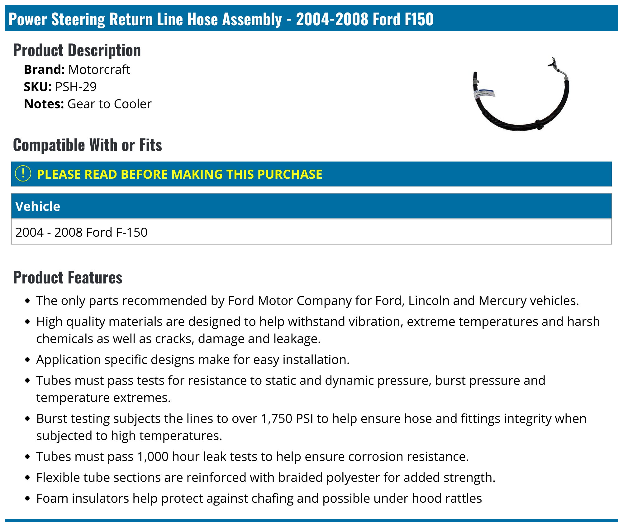 Power Steering Return Line Hose Assembly For Ford F-150 2004-2009 & Lincoln 5.4L