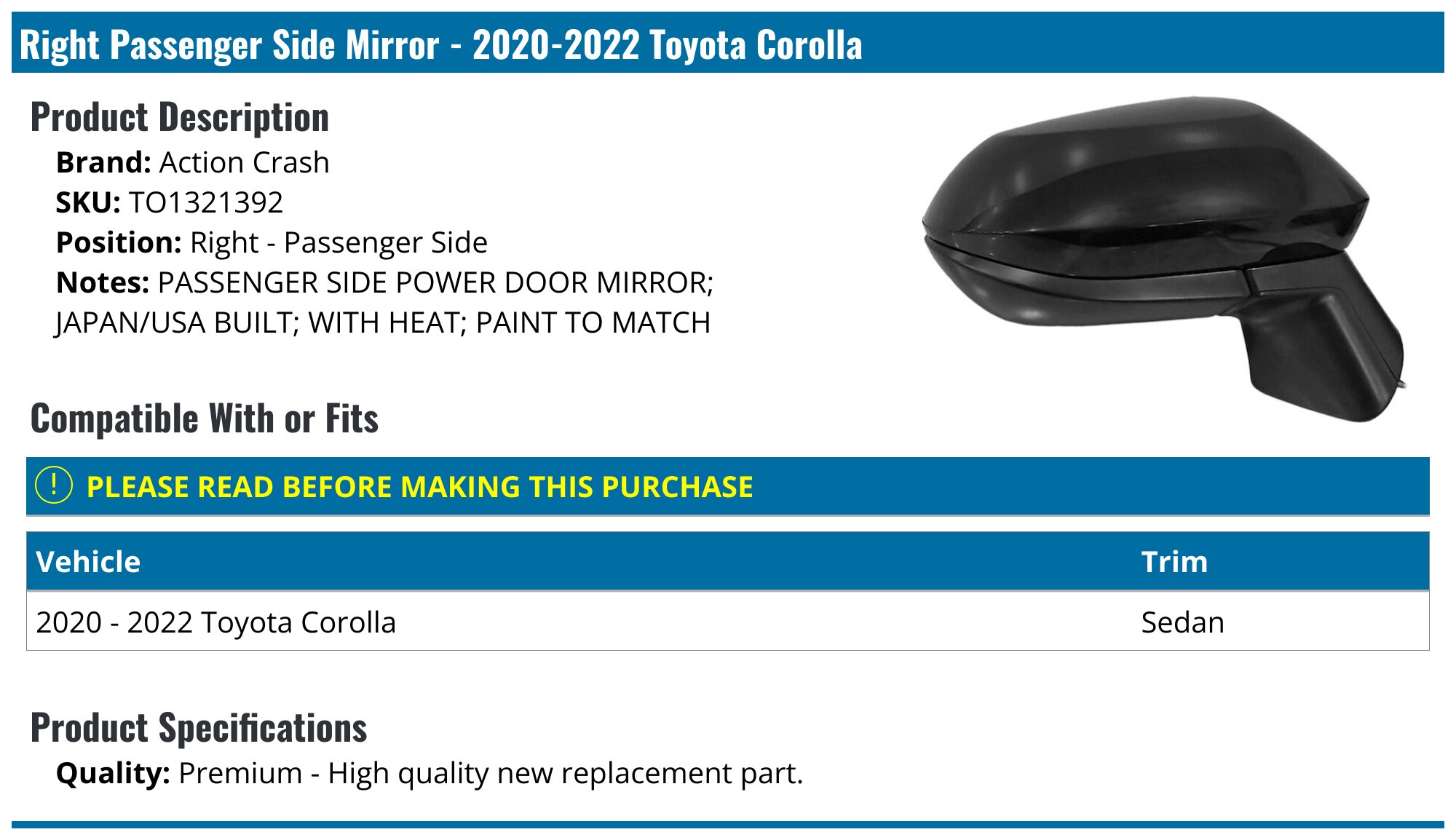 For 2015 Toyota Camry Mirror Blind Spot Detection Heated PTM Cap Driver