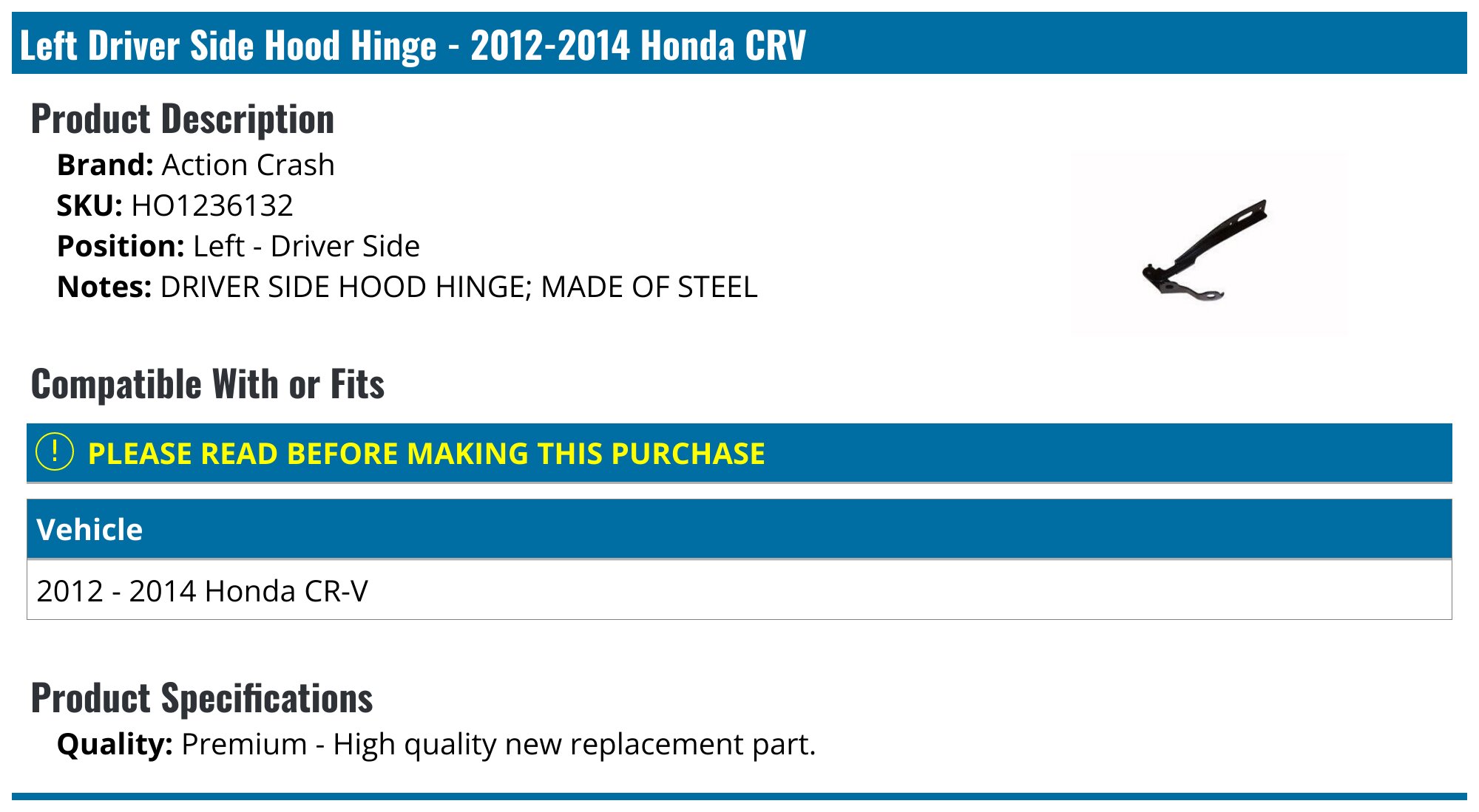 2012-2016 Honda CR-V Hood Hinge Kit Left - HO1236132 - Canada