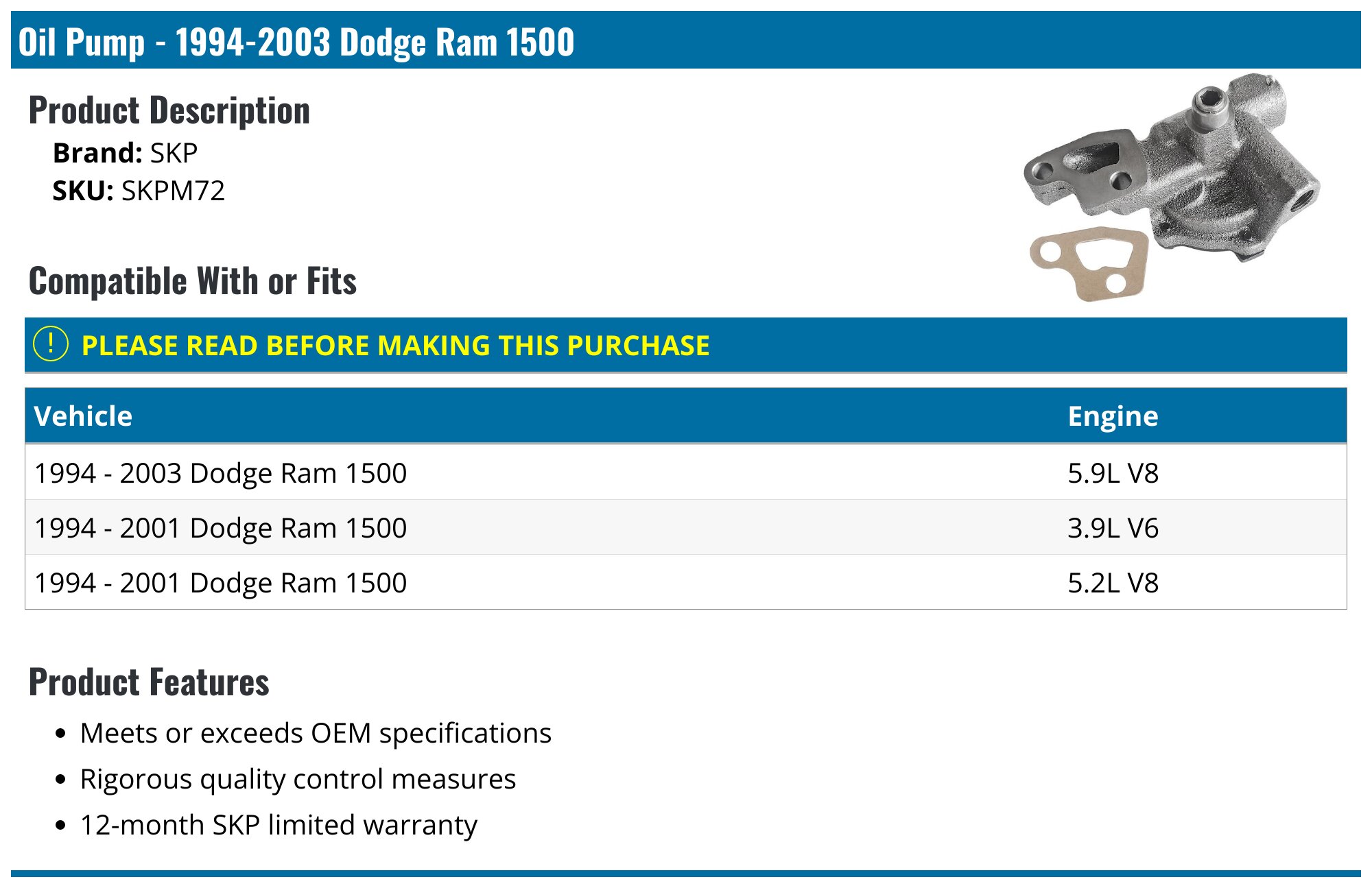 19942003 Dodge Ram 1500 Oil Pump SKP SKPM72