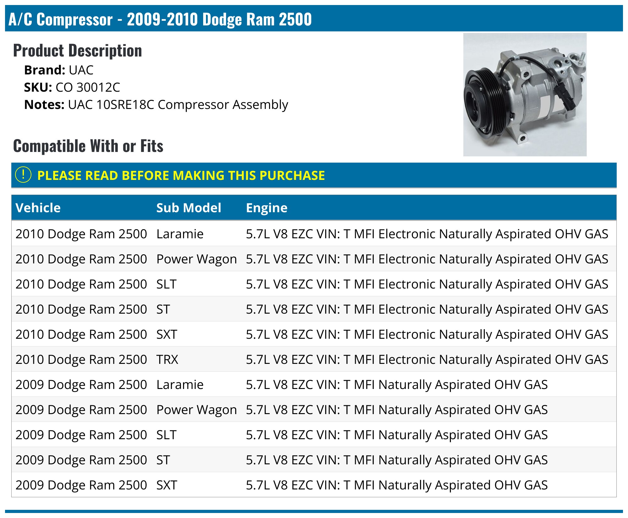 2009-2010 Dodge Ram 2500 A/C Compressor - UAC CO 30012C - PartsGeek.com
