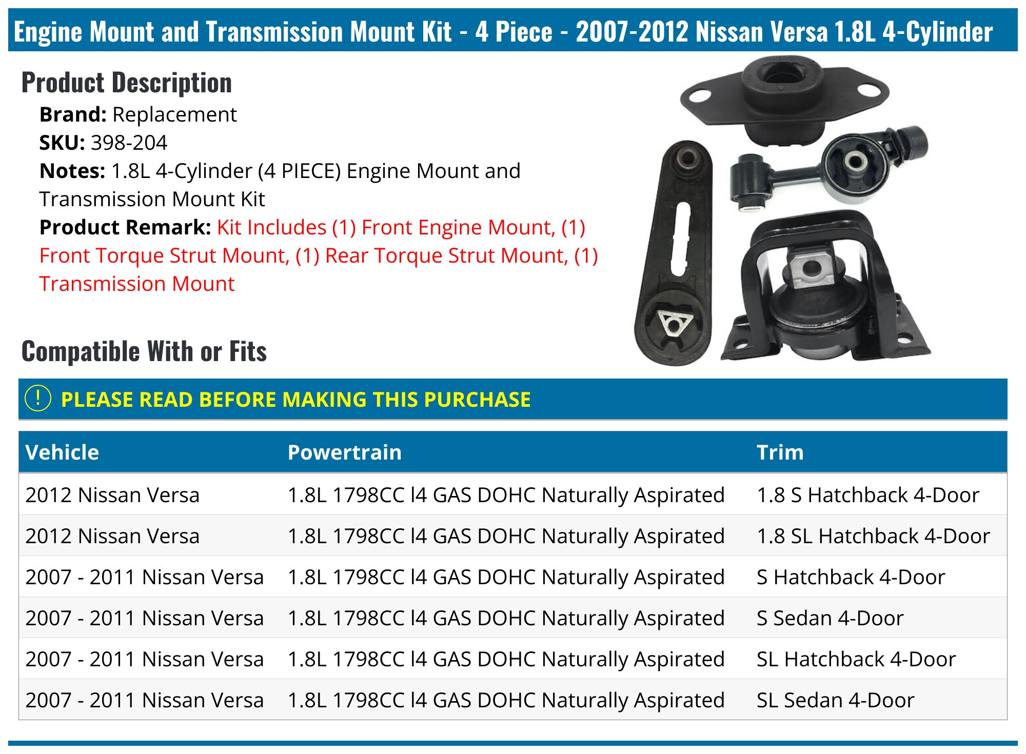 Engine Mount Rear Versa 2007-2012 Nissan Versa Engine Mount - Replacement 398-204 - - PartsGeek.com