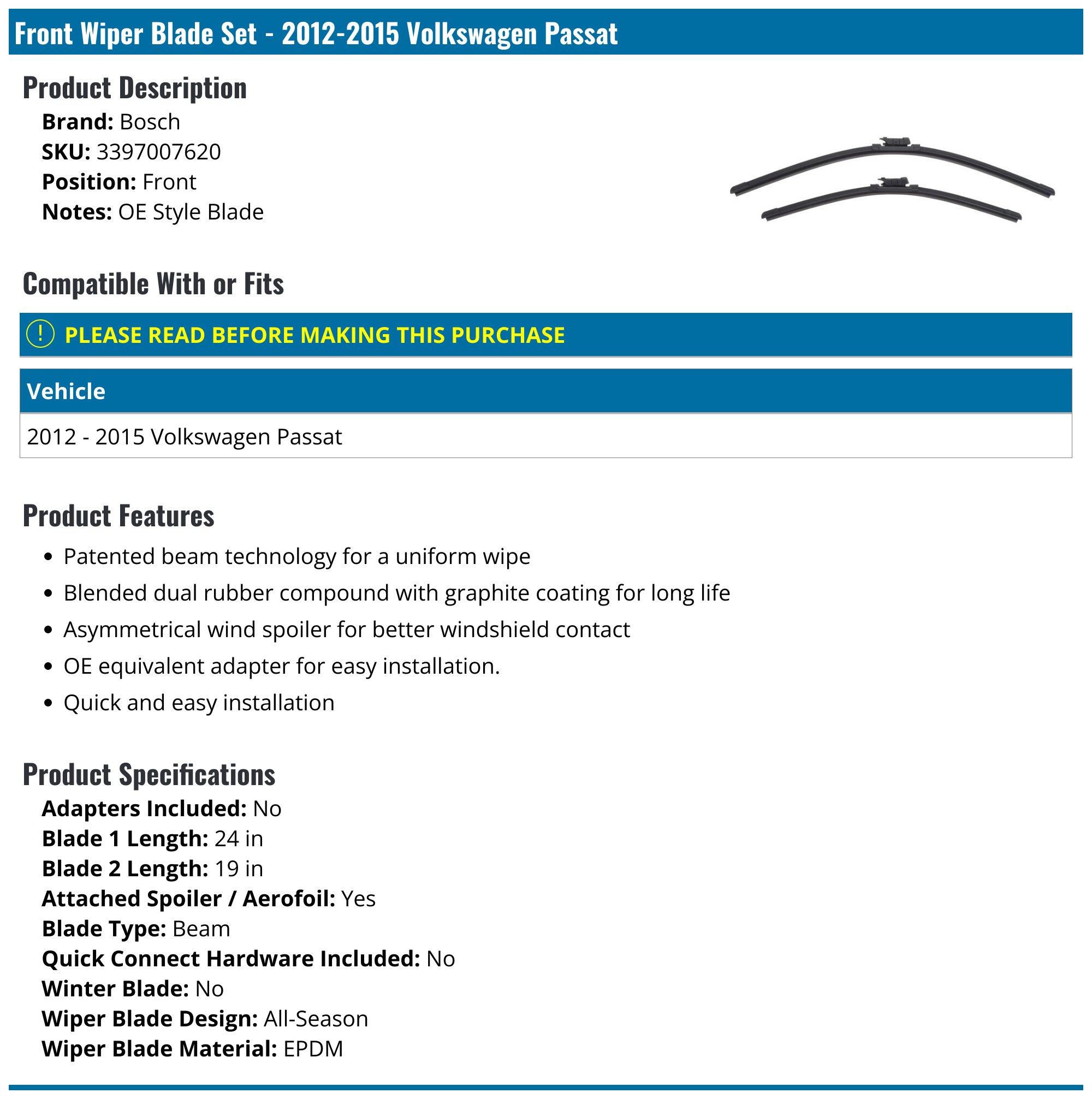 Front Windscreen Wiper Blades For Volkswagen Passat 2015-2024 – Pair