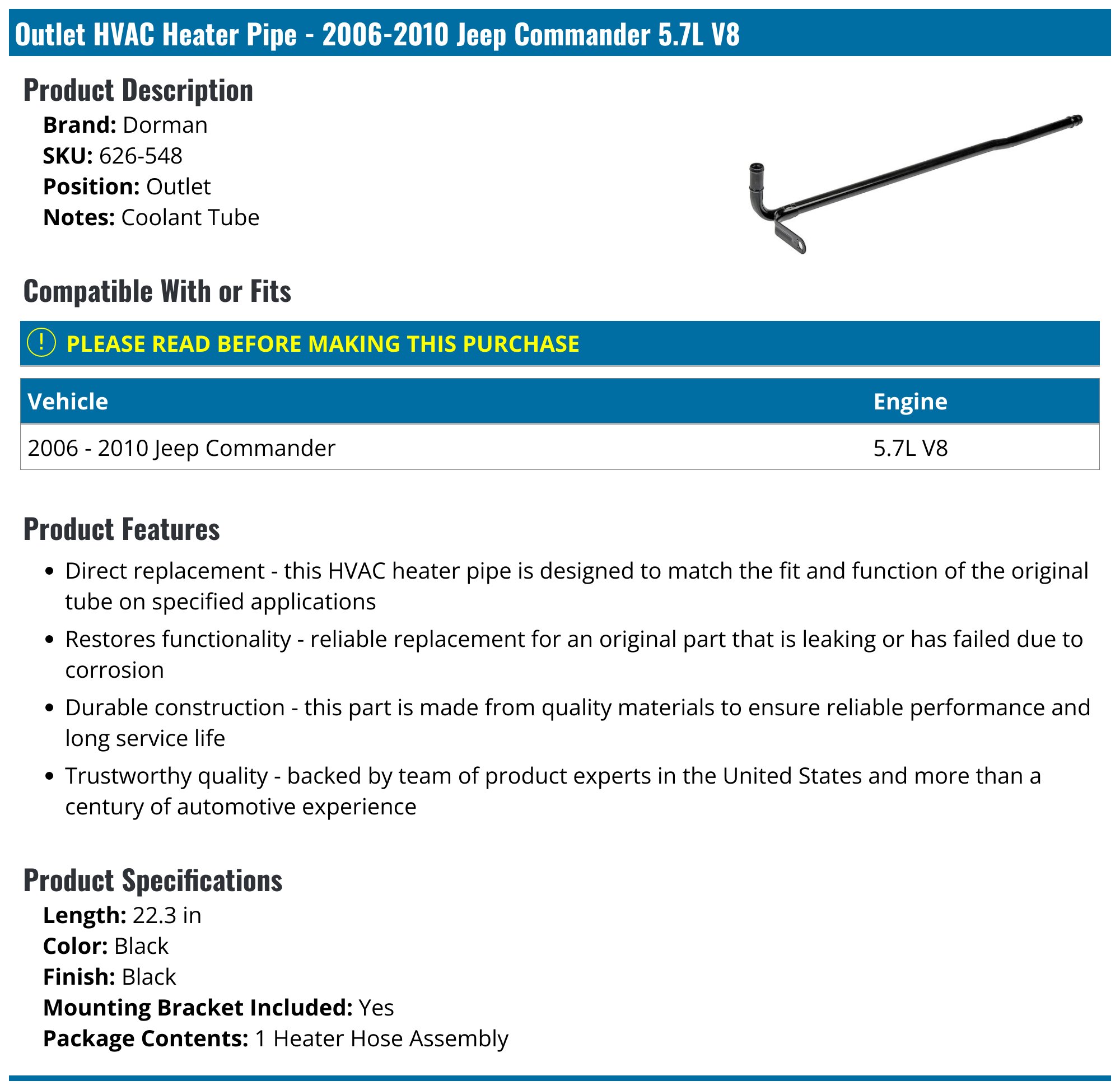 2006-2010 Jeep Commander HVAC Heater Pipe - Dorman 626-548 - Outlet ...