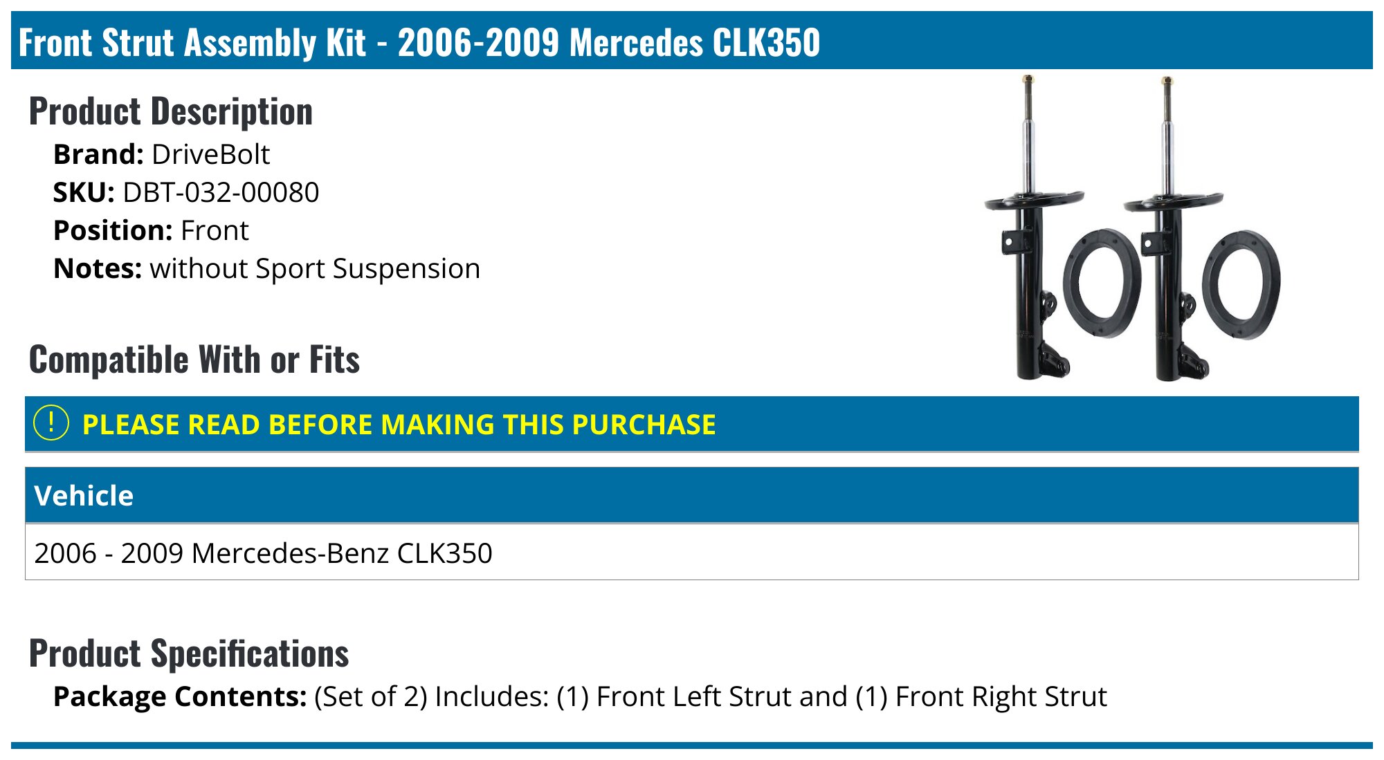 2006-2009 Mercedes CLK350 Strut Assembly - Unity 11730 - Front