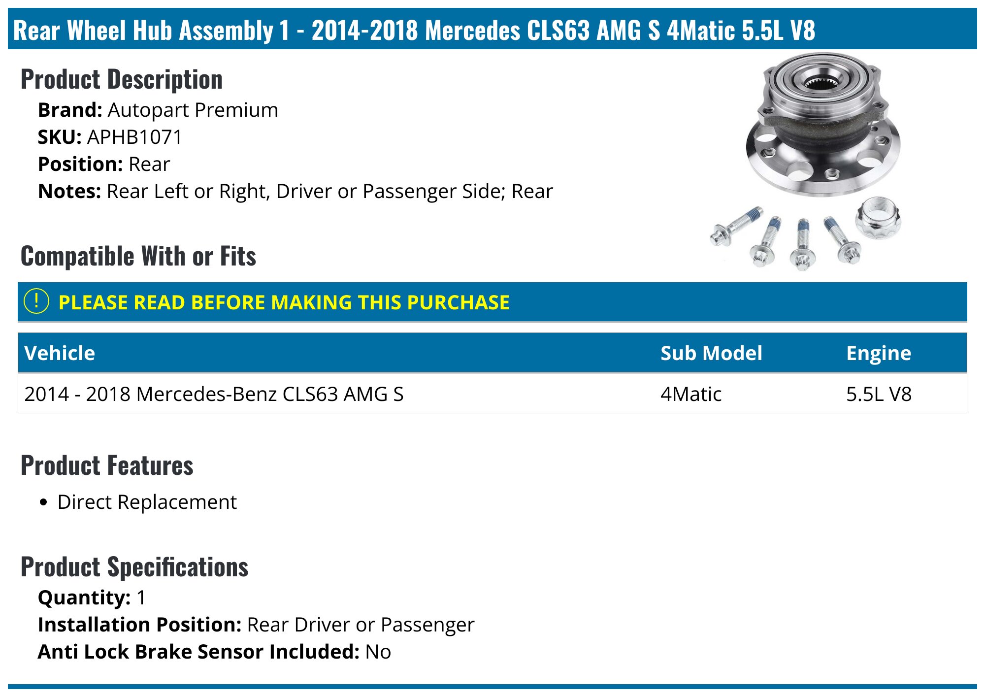 2014-2018 Mercedes CLS63 AMG S Wheel Hub Assembly - Autopart Premium ...