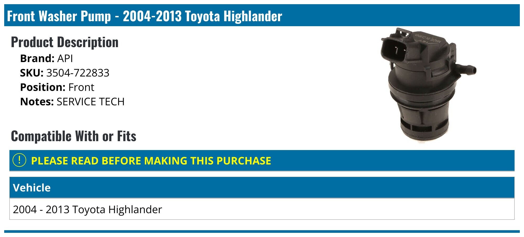 Windshield Washer Pump Replacement For 2003–2014 Toyota Highlander
