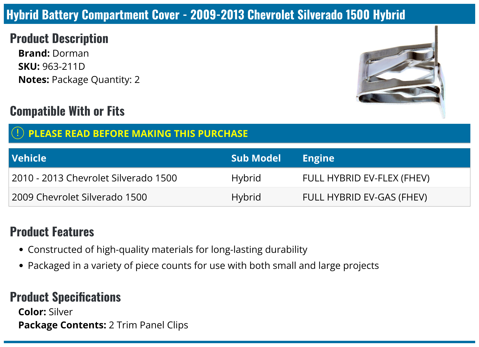 20092013 Chevrolet Silverado 1500 Hybrid Battery Compartment Cover Dorman 963211D